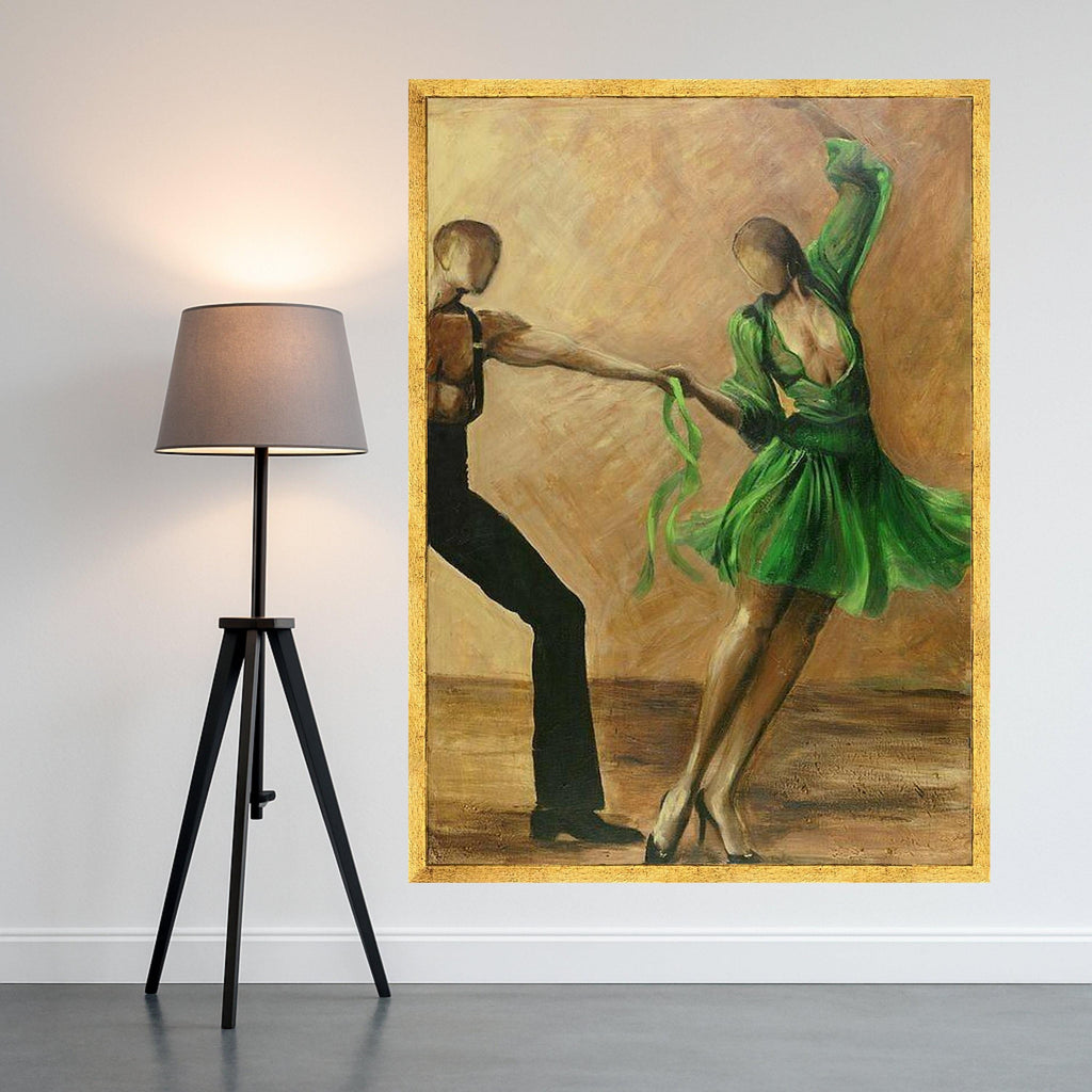 Elegant Dance Couple Canvas Wall Art, Green Dress Ballroom Dancing, Abstract Figurative Painting, Romantic Home Decor, Modern Ready To Hang,