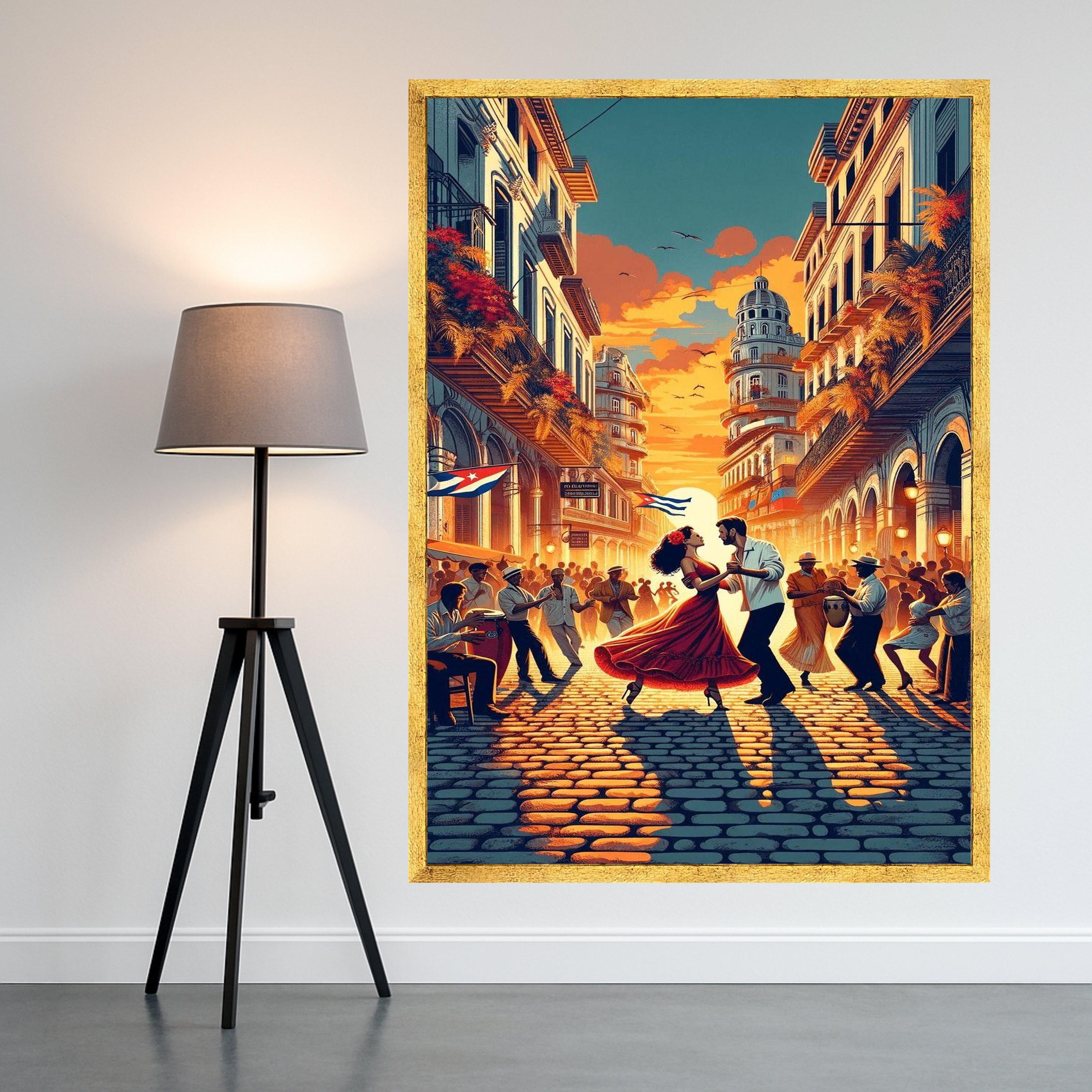 Sunset Dance in Havana, Cuban Street Scene Canvas, Latin Culture Wall Art, Romantic Couple Dancing, Vibrant Cityscape Canvas, Ready To Hang,