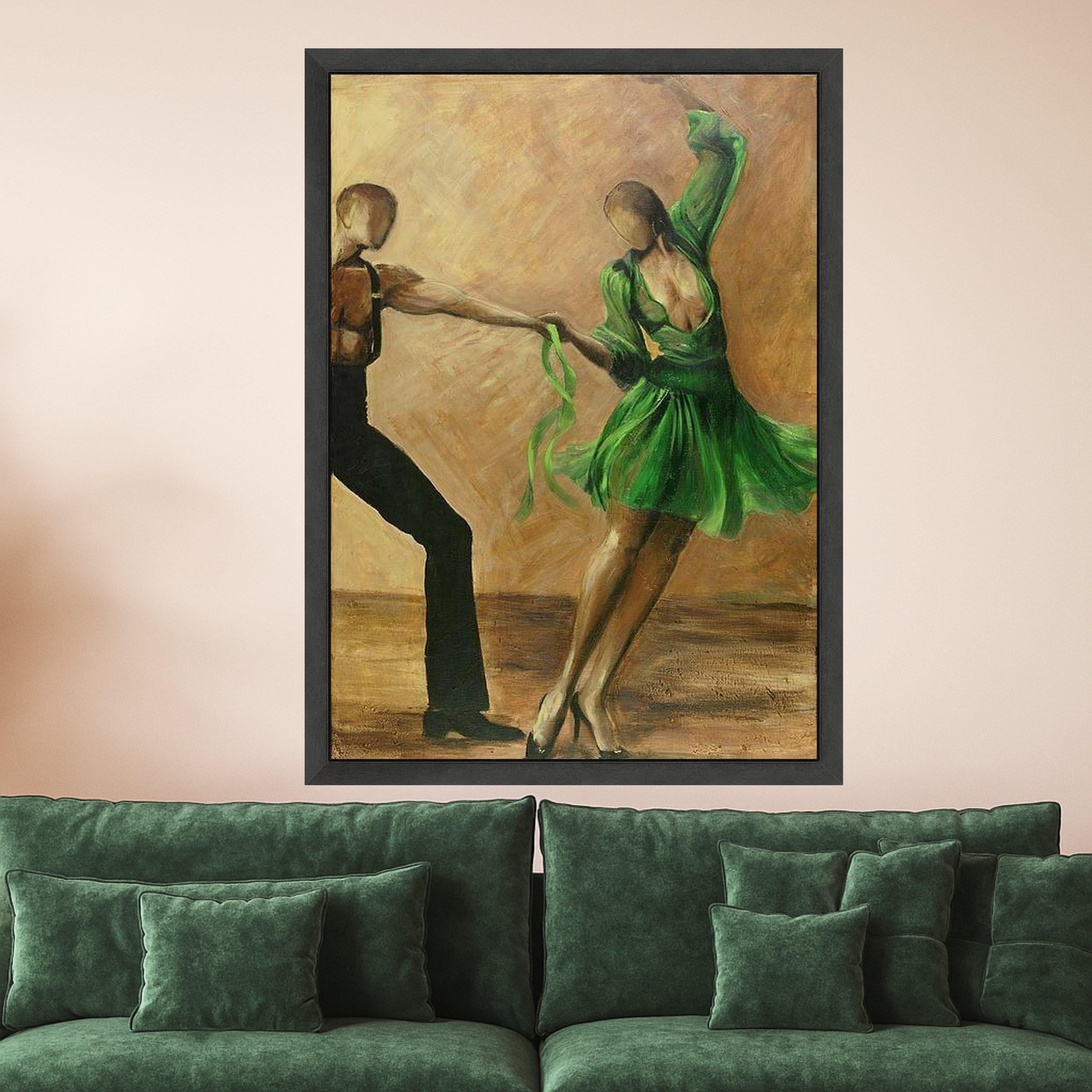 Elegant Dance Couple Canvas Wall Art, Green Dress Ballroom Dancing, Abstract Figurative Painting, Romantic Home Decor, Modern Ready To Hang,