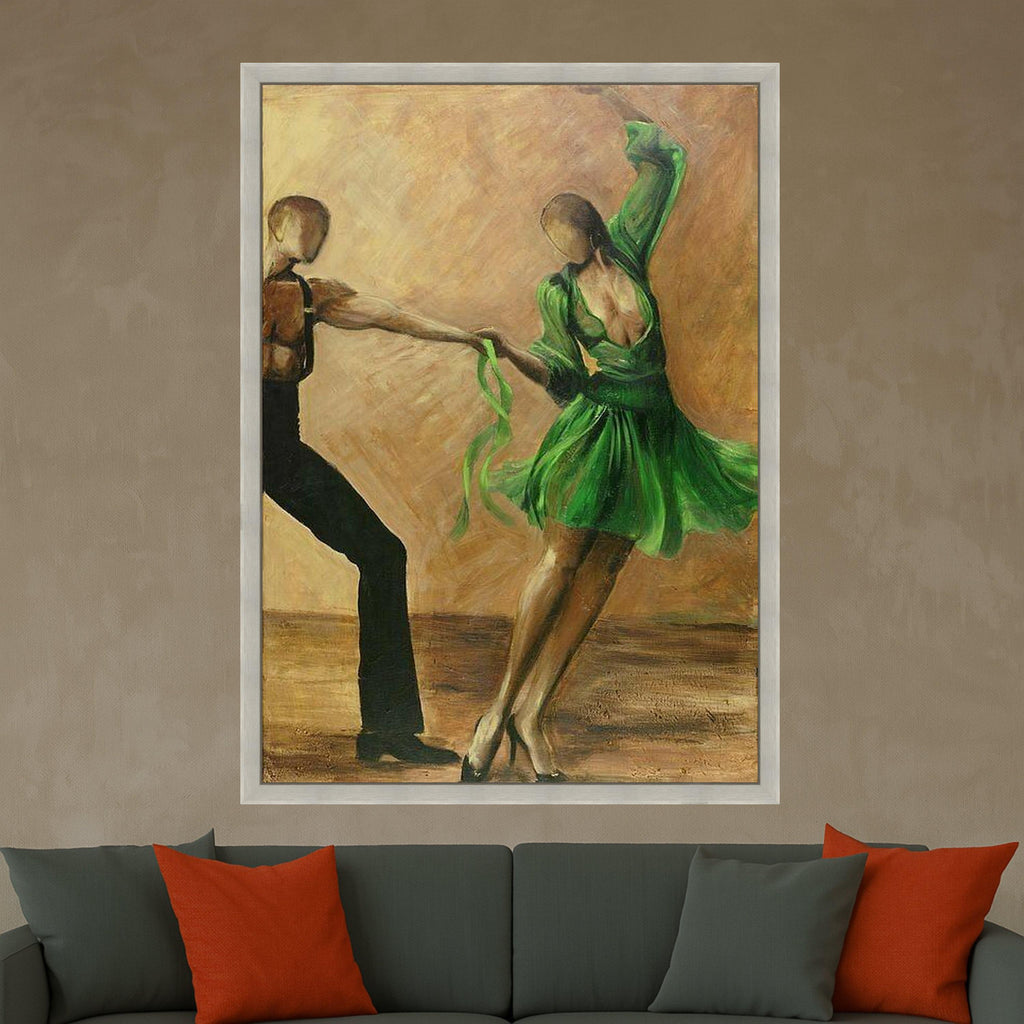 Elegant Dance Couple Canvas Wall Art, Green Dress Ballroom Dancing, Abstract Figurative Painting, Romantic Home Decor, Modern Ready To Hang,