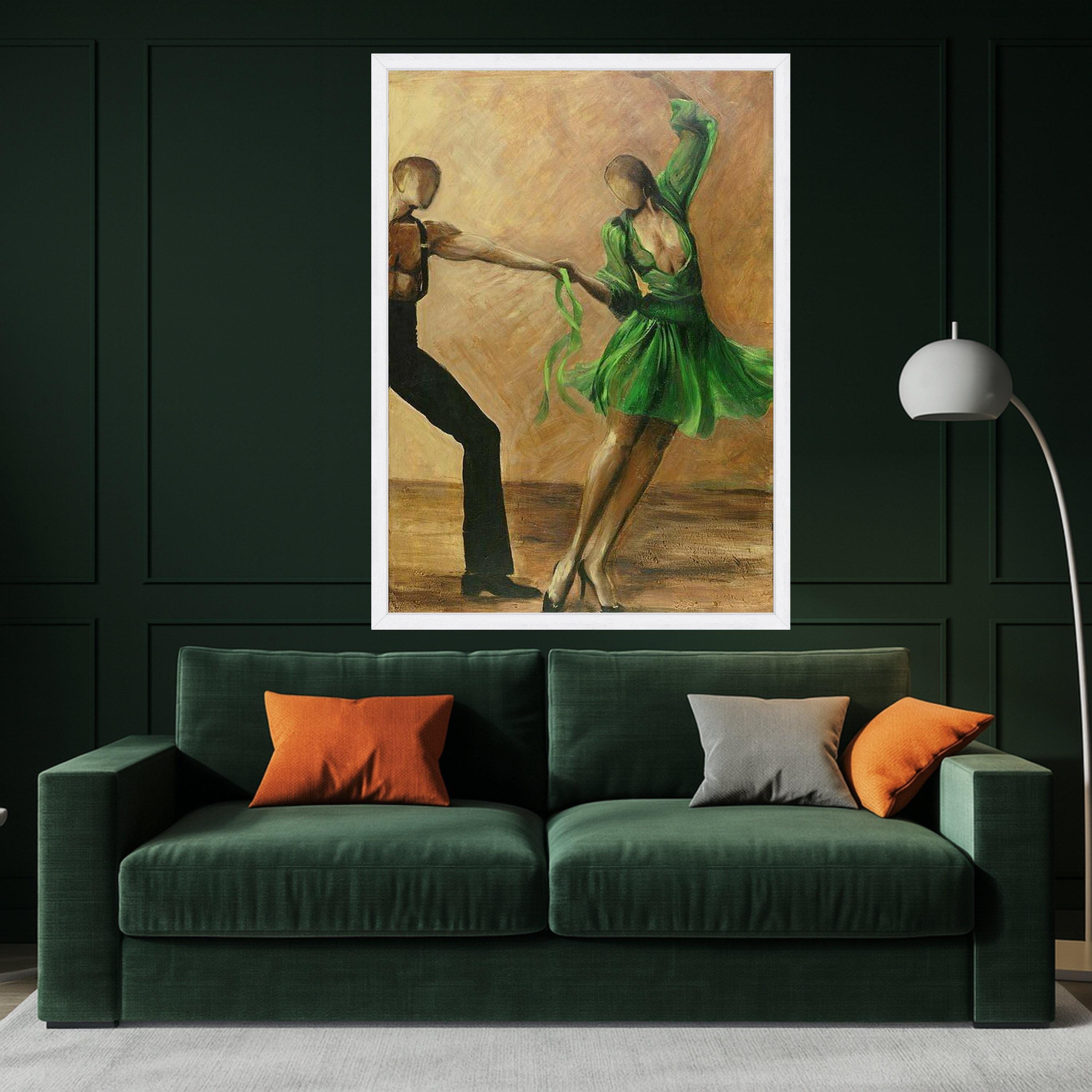 Elegant Dance Couple Canvas Wall Art, Green Dress Ballroom Dancing, Abstract Figurative Painting, Romantic Home Decor, Modern Ready To Hang,