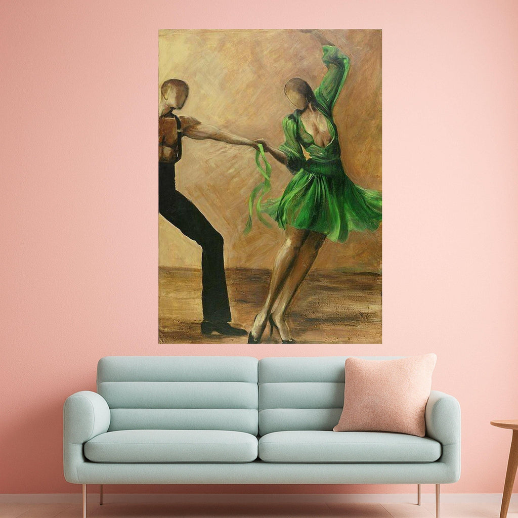 Elegant Dance Couple Canvas Wall Art, Green Dress Ballroom Dancing, Abstract Figurative Painting, Romantic Home Decor, Modern Ready To Hang,