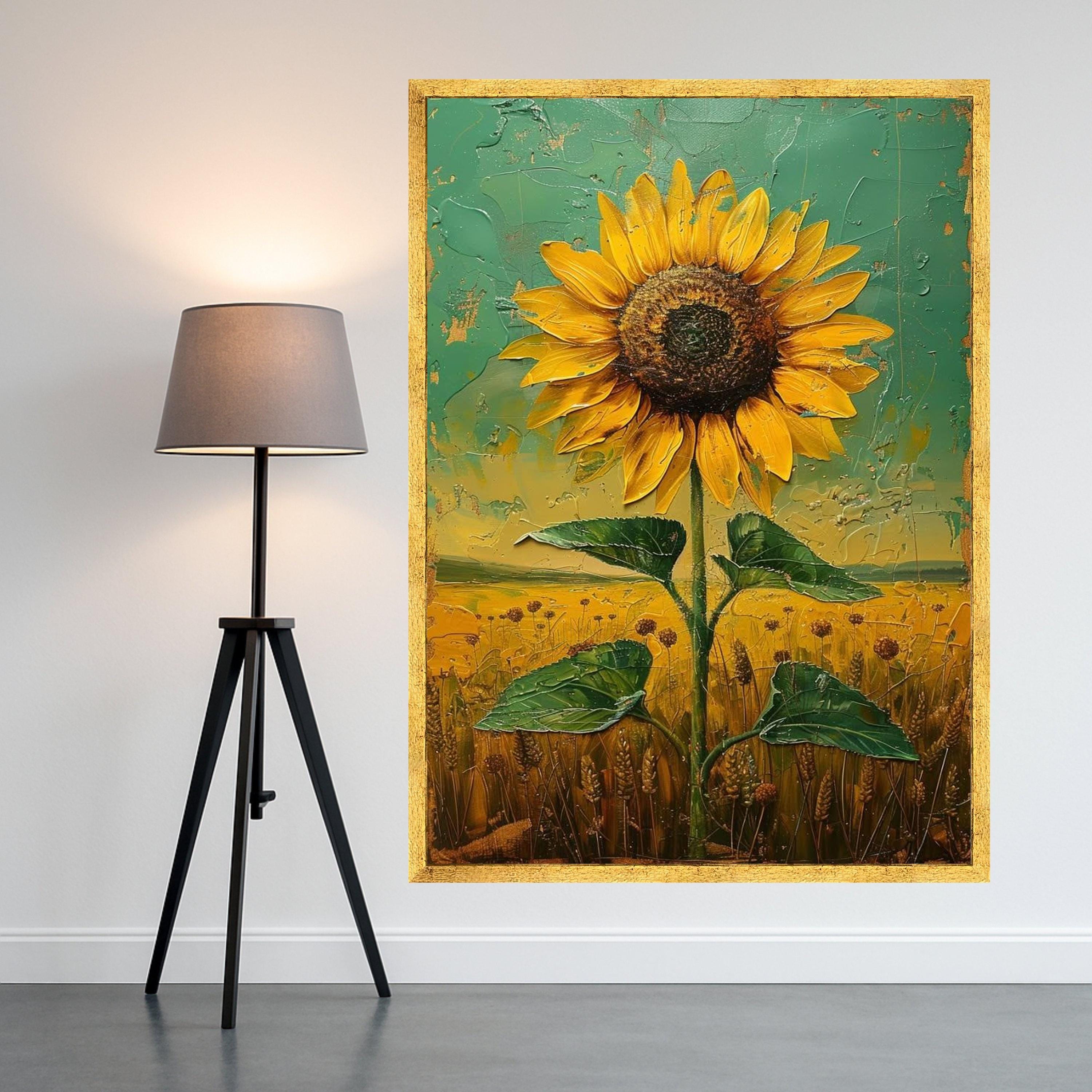 Textured Sunflower Canvas Print – Rustic Wall Art Ready to Hang – Country Style Floral Wall Decor for Kitchen or Living Room
