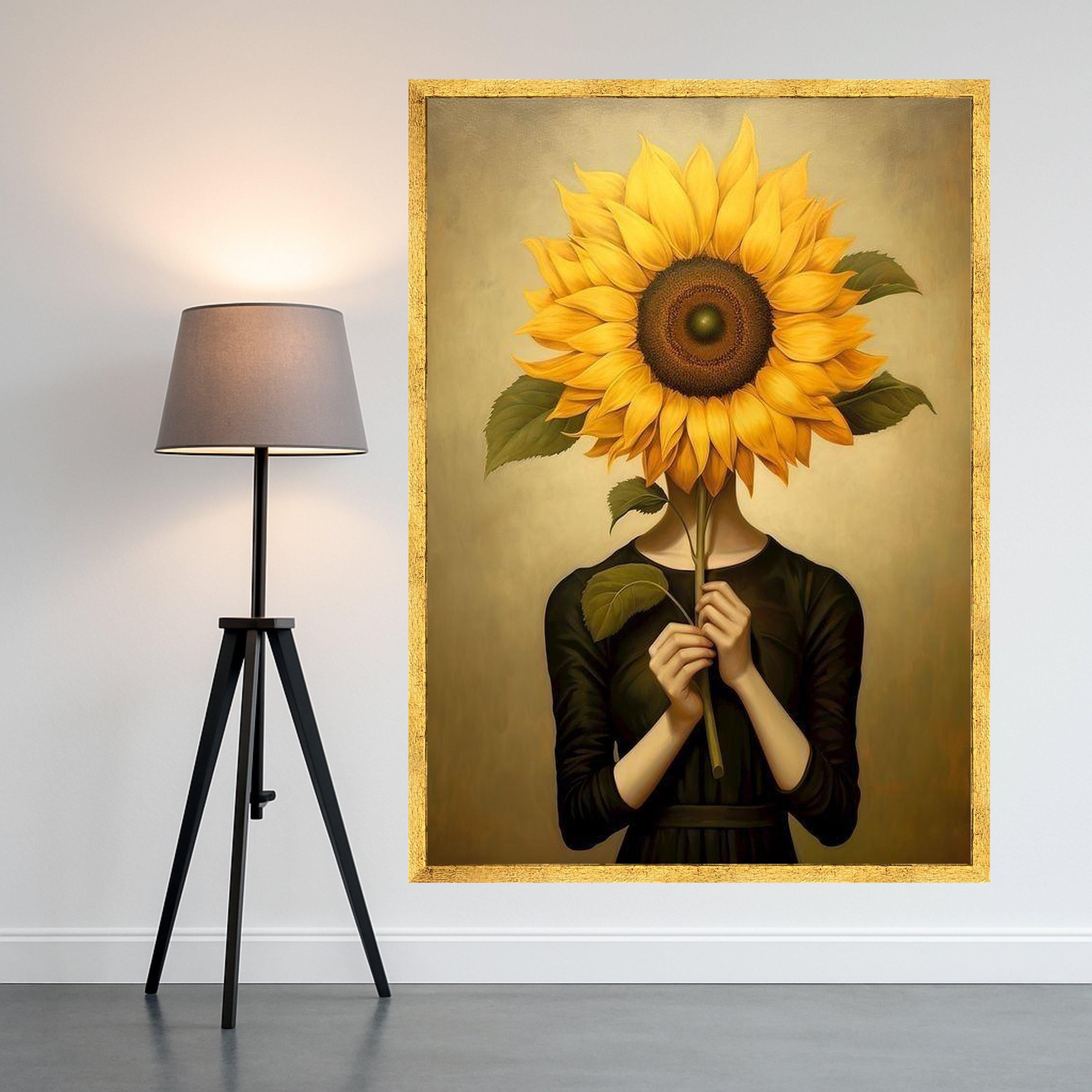 Surreal Sunflower Portrait Canvas, Woman Holding Sunflower Wall Art, Modern Botanical Canvas, Unique Home Decoration, Ready Ready To Hang,