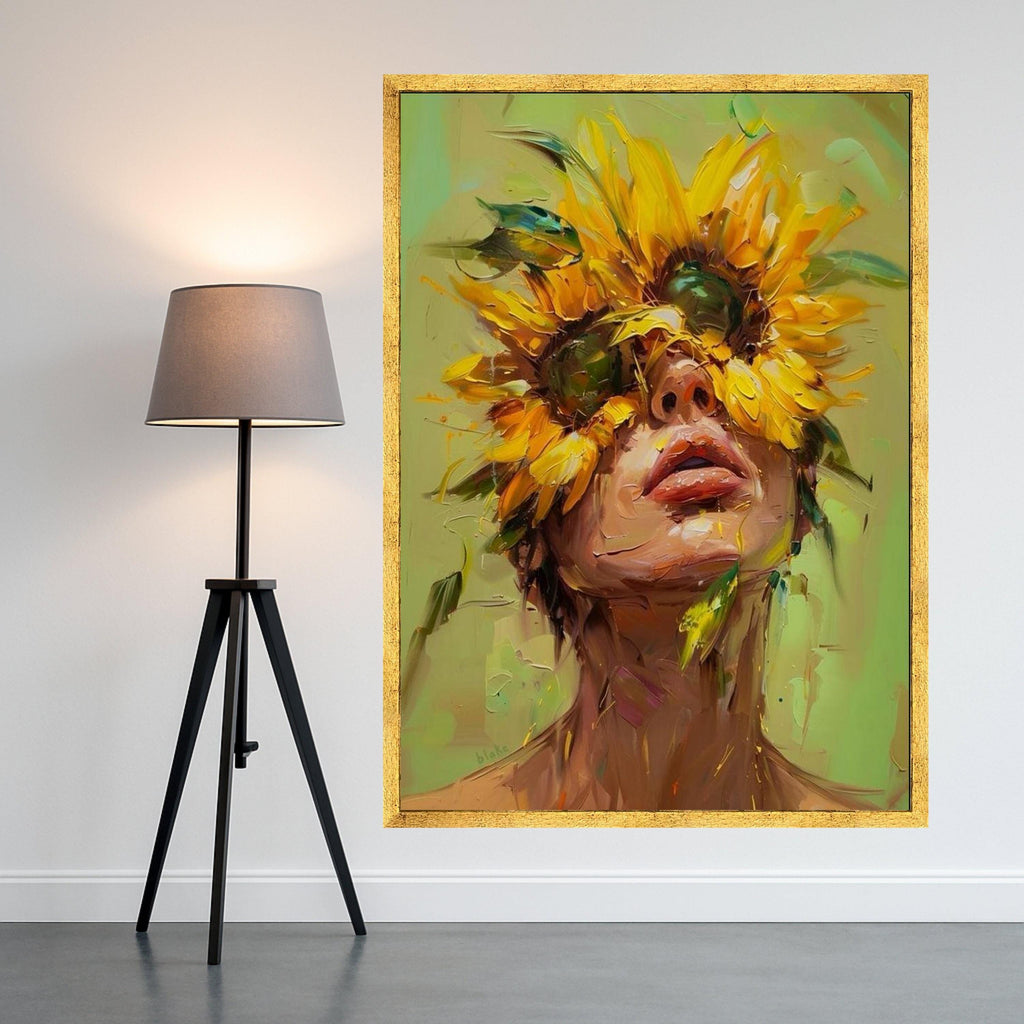 Abstract Sunflower Woman Canvas Print – Modern Portrait Wall Art, Bold Floral Wall Decor, Ready to Hang Eclectic Home Decoration