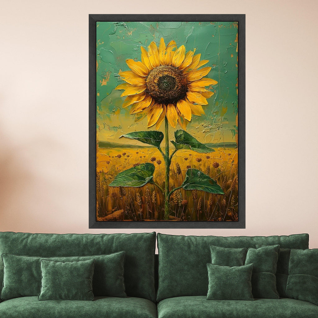 Textured Sunflower Canvas Print – Rustic Wall Art Ready to Hang – Country Style Floral Wall Decor for Kitchen or Living Room