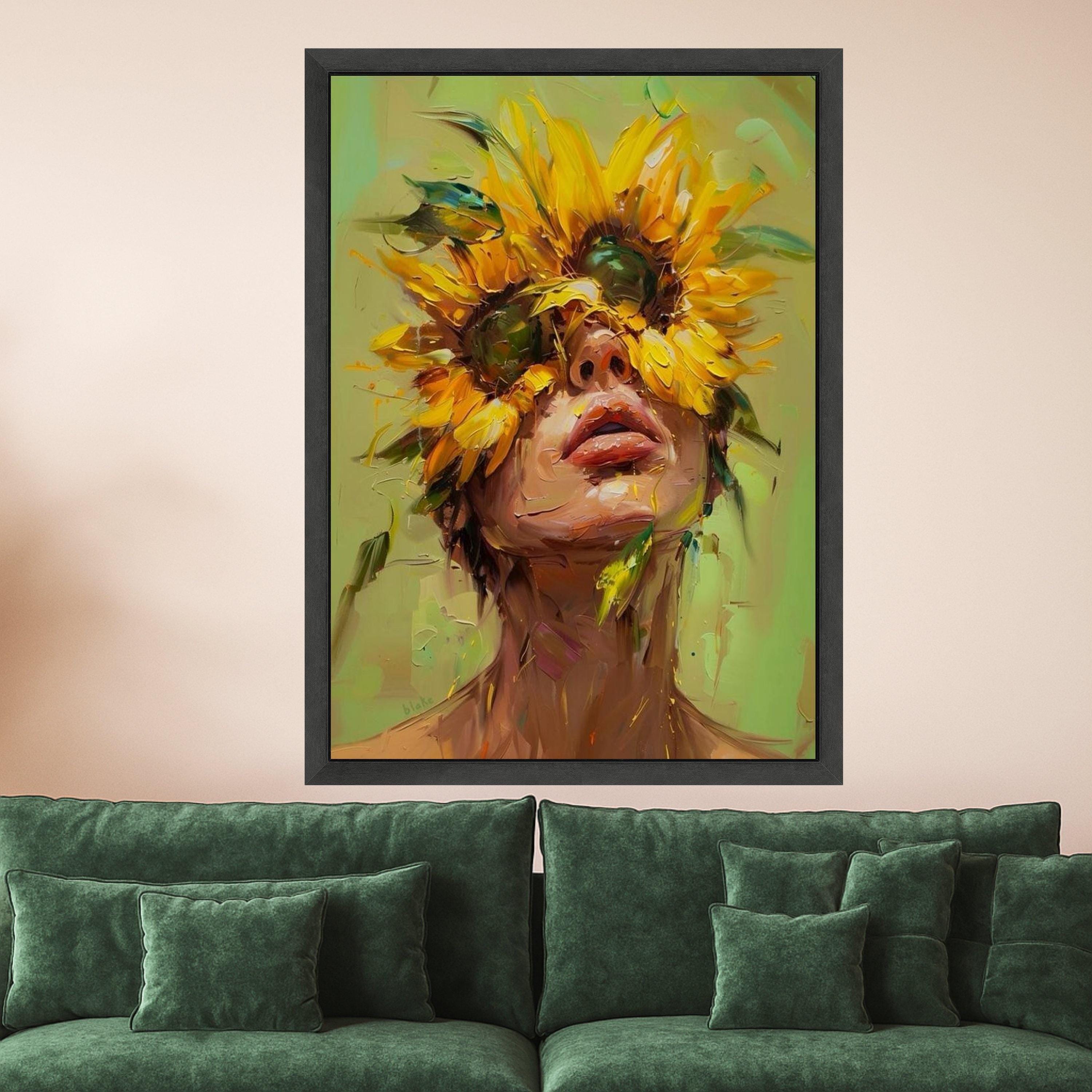 Abstract Sunflower Woman Canvas Print – Modern Portrait Wall Art, Bold Floral Wall Decor, Ready to Hang Eclectic Home Decoration