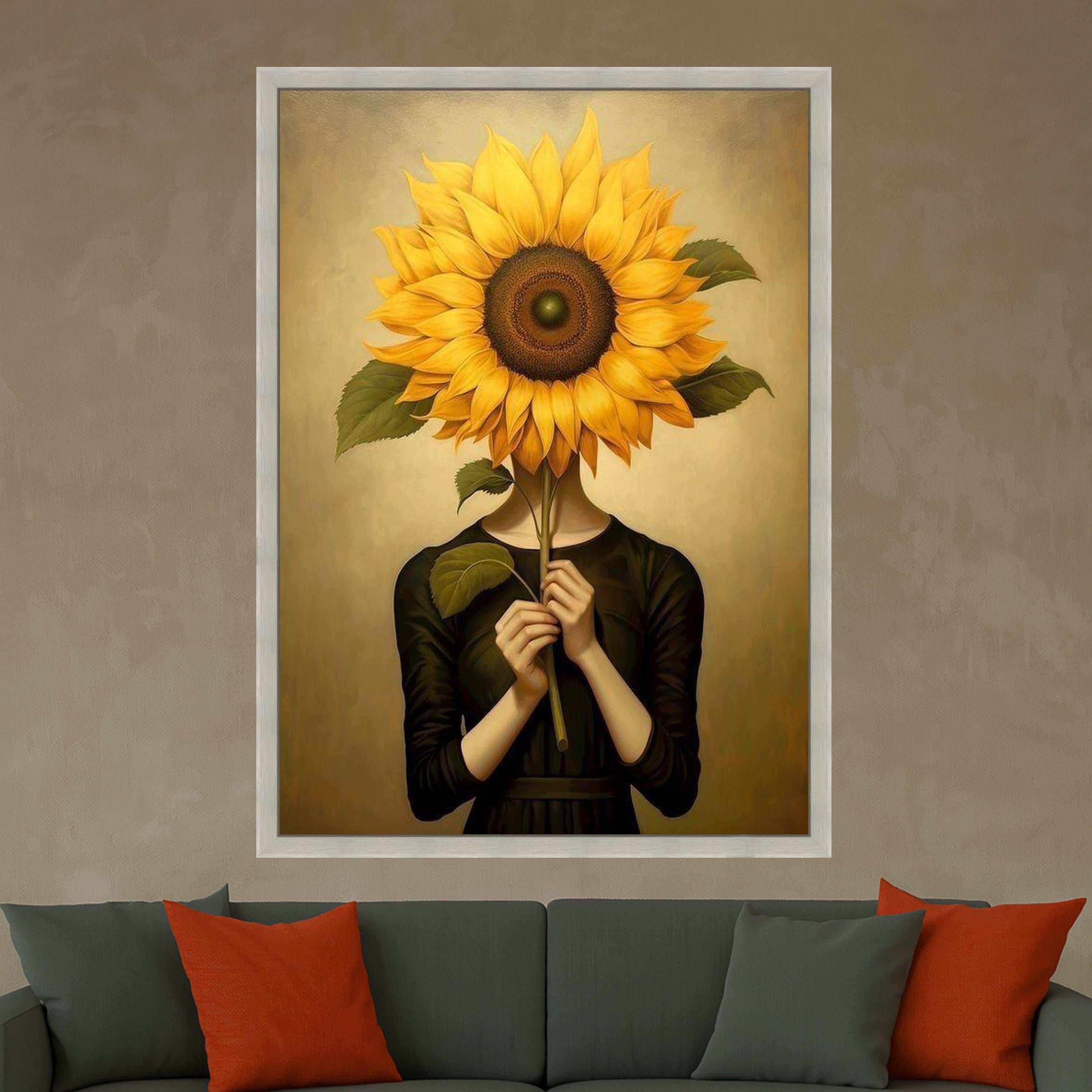 Surreal Sunflower Portrait Canvas, Woman Holding Sunflower Wall Art, Modern Botanical Canvas, Unique Home Decoration, Ready Ready To Hang,