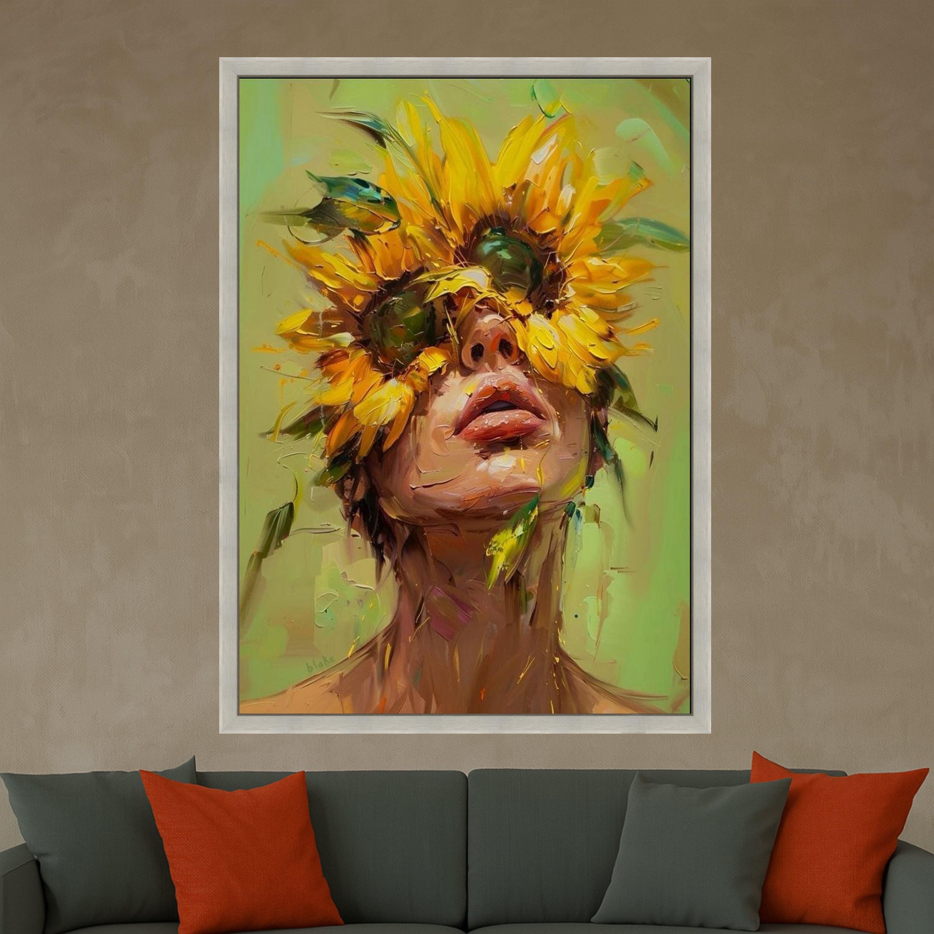 Abstract Sunflower Woman Canvas Print – Modern Portrait Wall Art, Bold Floral Wall Decor, Ready to Hang Eclectic Home Decoration