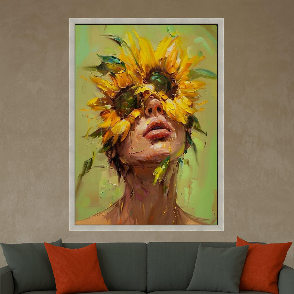 Abstract Sunflower Woman Canvas Print – Modern Portrait Wall Art, Bold Floral Wall Decor, Ready to Hang Eclectic Home Decoration