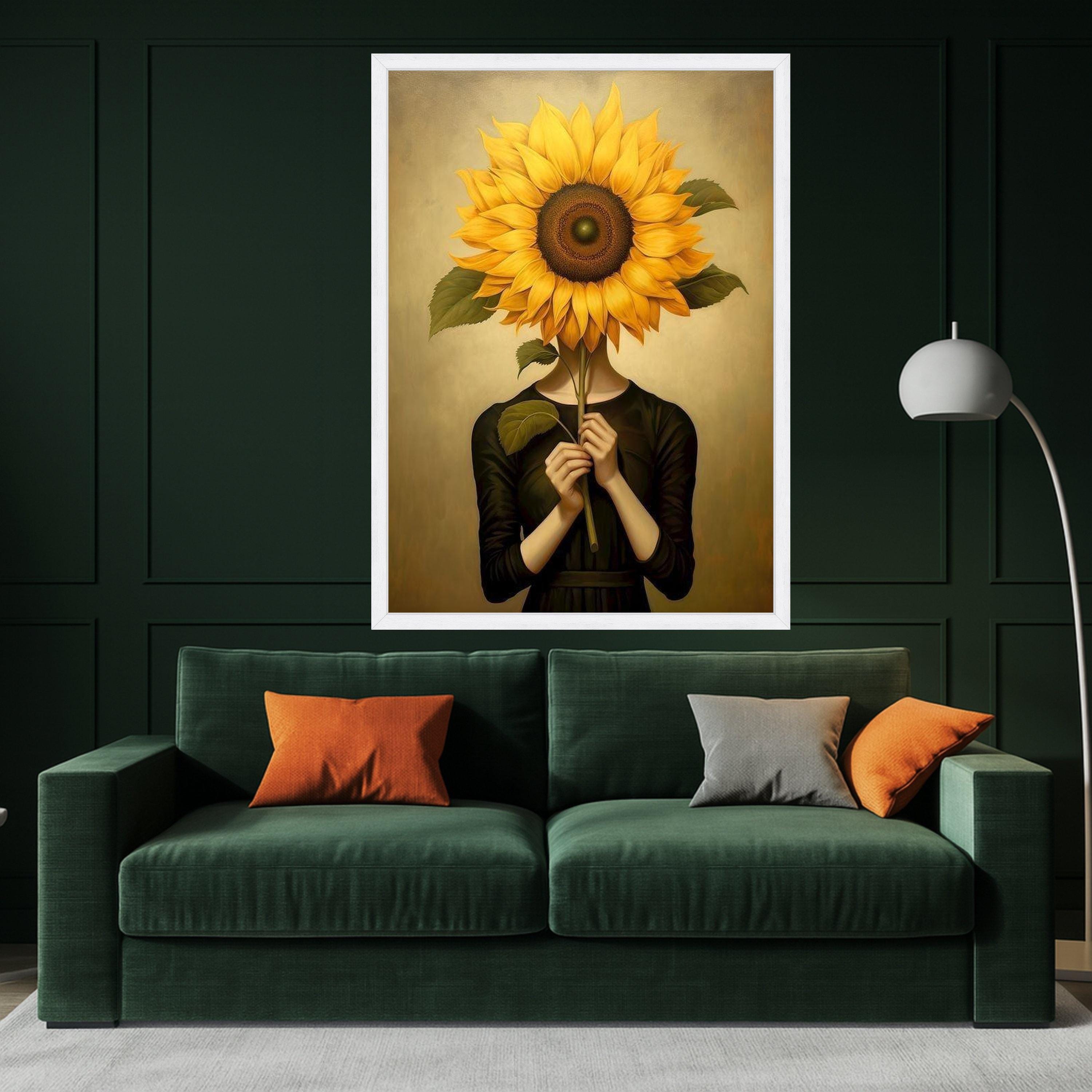 Surreal Sunflower Portrait Canvas, Woman Holding Sunflower Wall Art, Modern Botanical Canvas, Unique Home Decoration, Ready Ready To Hang,
