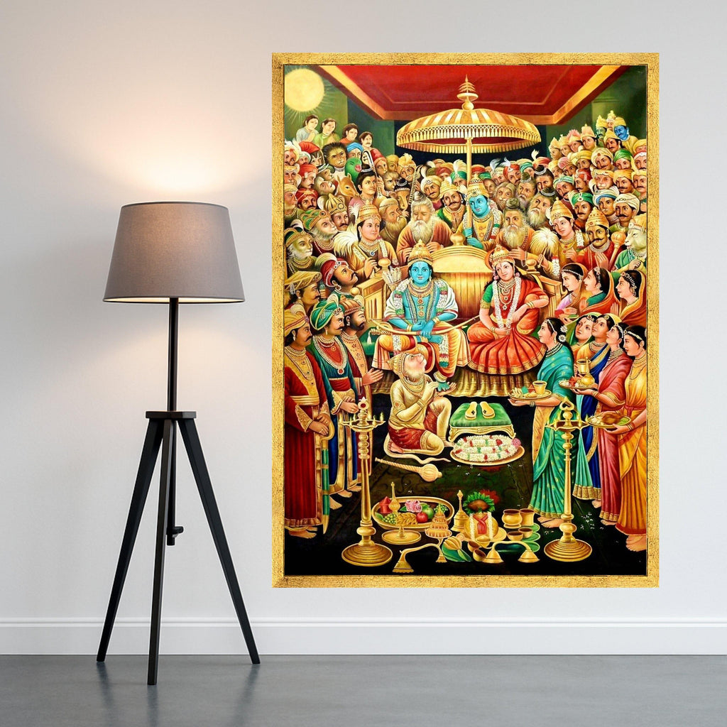 Ram Darbar Coronation Canvas Print – Tanjore Style Hindu Wall Art, Ready to Hang Religious Wall Decor, Indian Spiritual Home Decoration