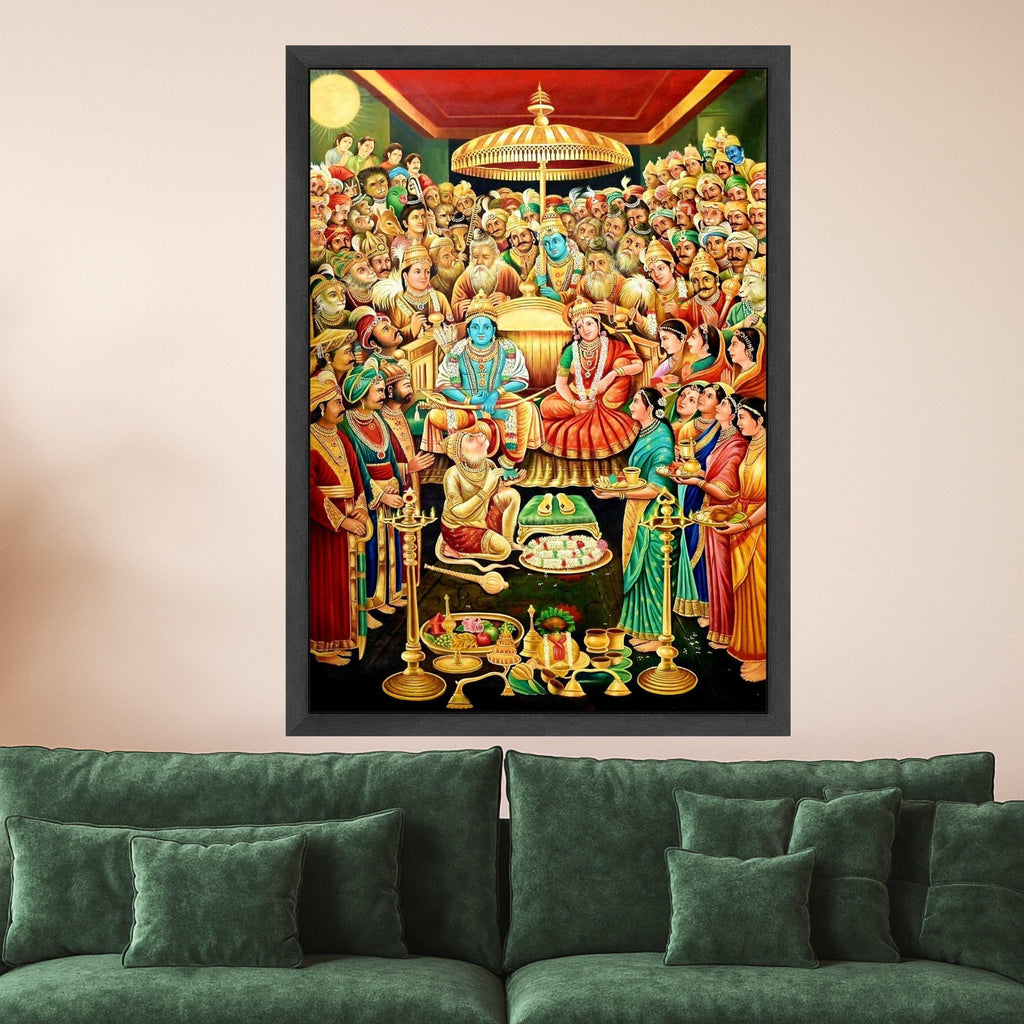 Ram Darbar Coronation Canvas Print – Tanjore Style Hindu Wall Art, Ready to Hang Religious Wall Decor, Indian Spiritual Home Decoration