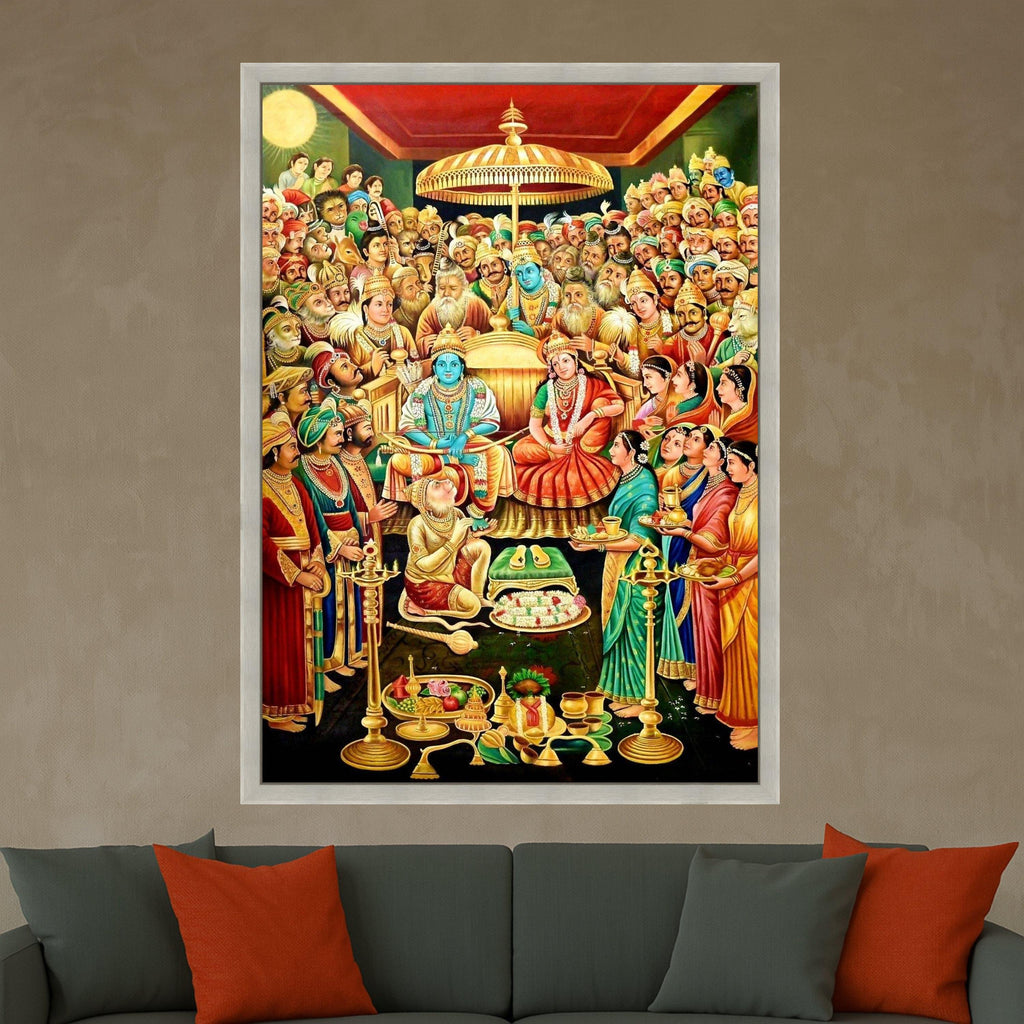 Ram Darbar Coronation Canvas Print – Tanjore Style Hindu Wall Art, Ready to Hang Religious Wall Decor, Indian Spiritual Home Decoration