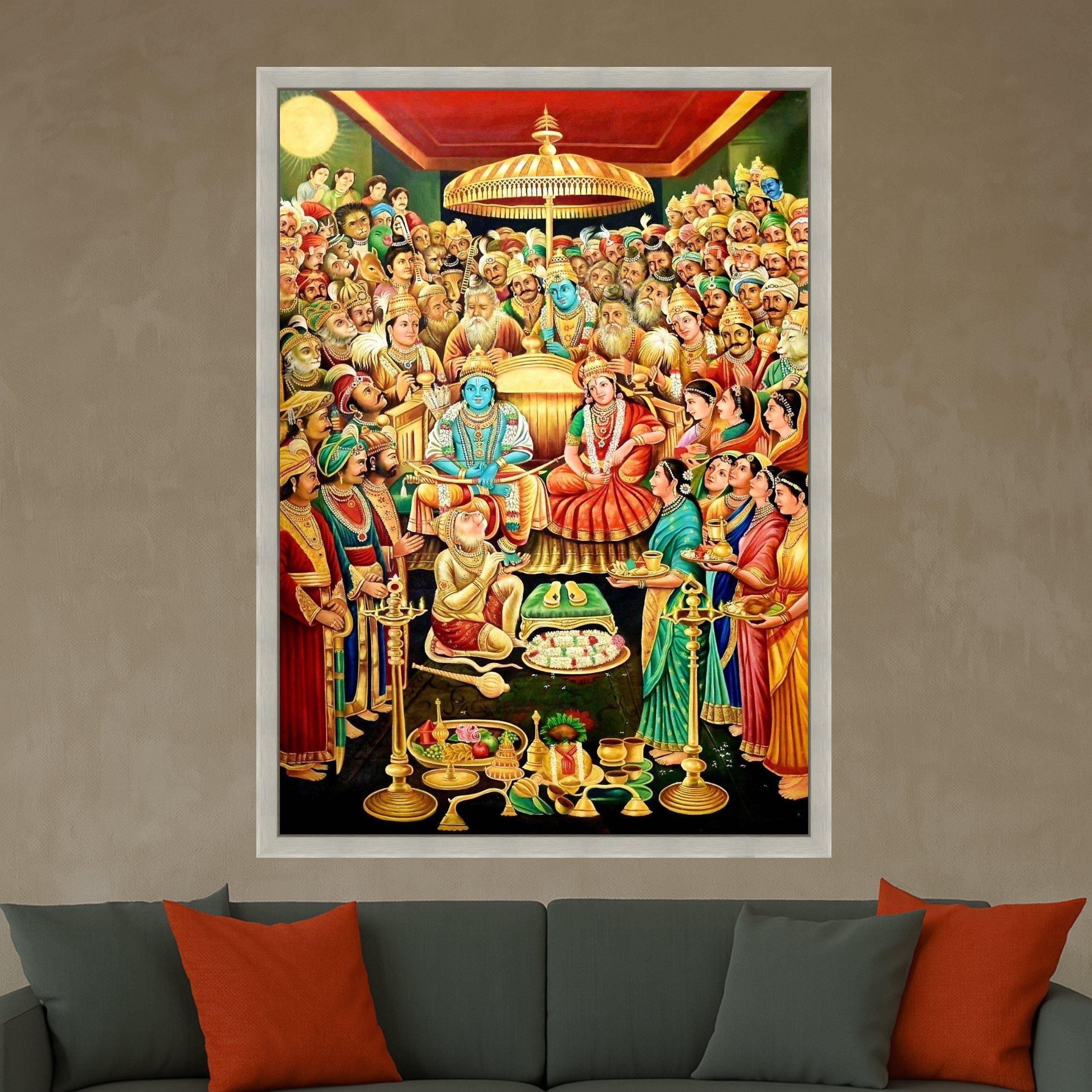 Ram Darbar Coronation Canvas Print – Tanjore Style Hindu Wall Art, Ready to Hang Religious Wall Decor, Indian Spiritual Home Decoration