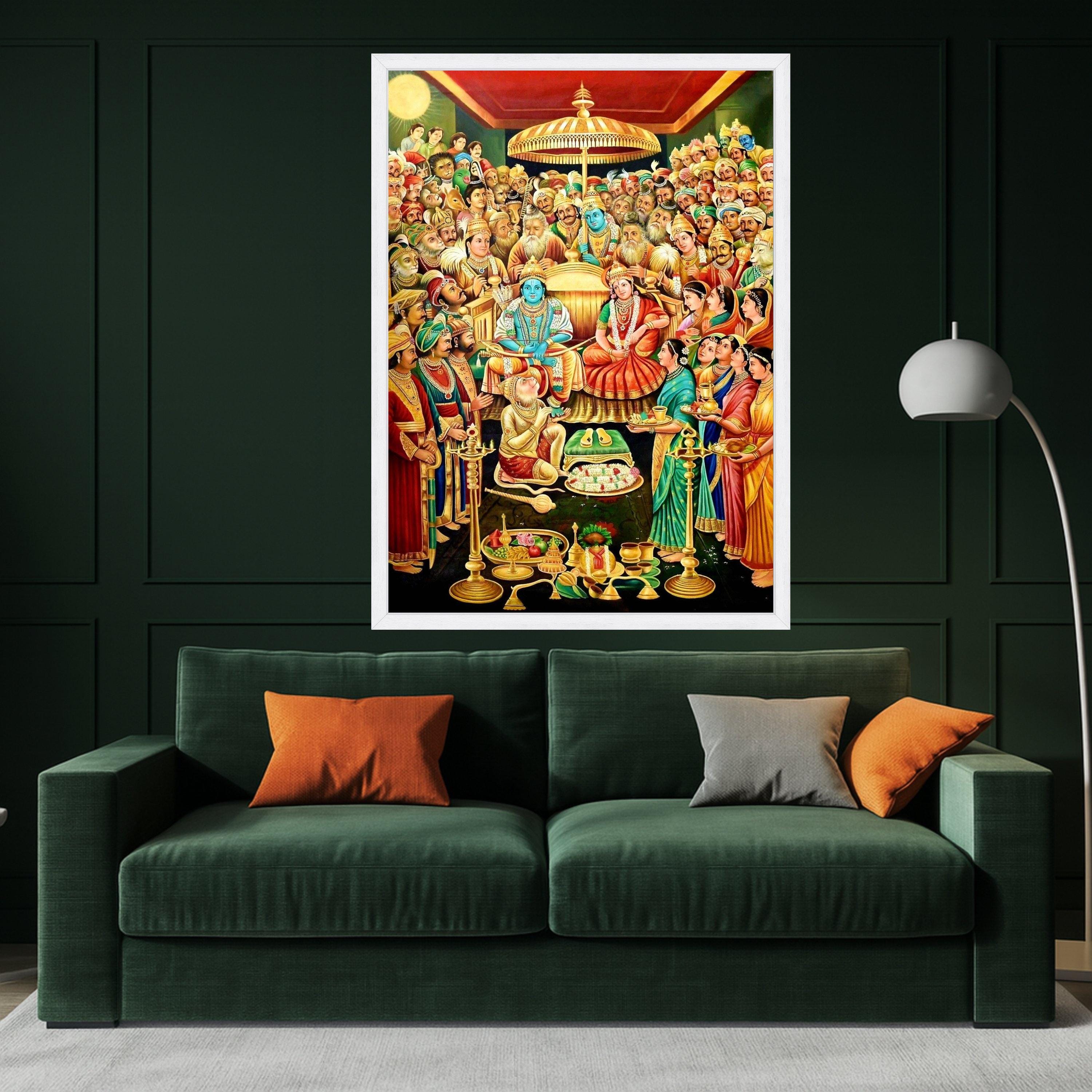 Ram Darbar Coronation Canvas Print – Tanjore Style Hindu Wall Art, Ready to Hang Religious Wall Decor, Indian Spiritual Home Decoration