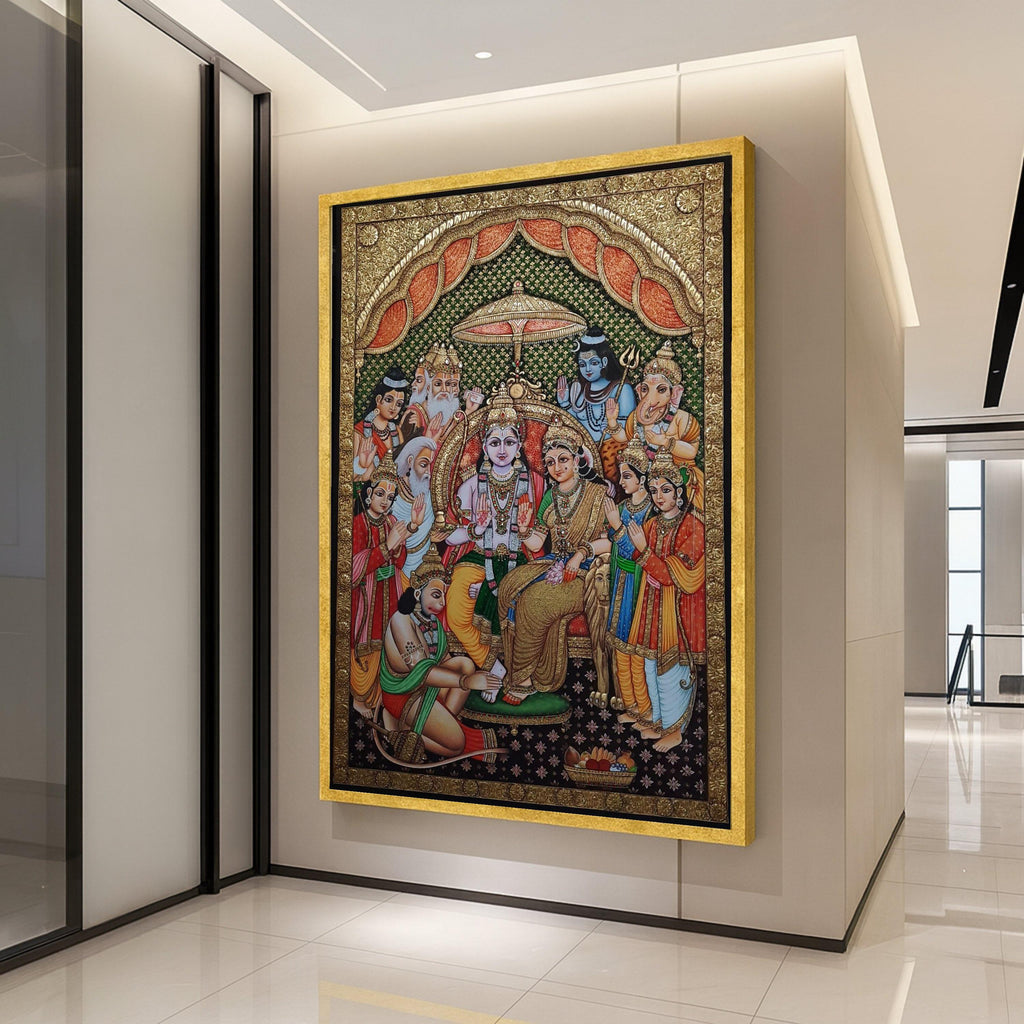 Ram Darbar Canvas Print – Hindu Wall Art of Lord Rama, Sita, Hanuman, Devotional Wall Decoration, Indian Spiritual Wall Decor, Ready to Hang