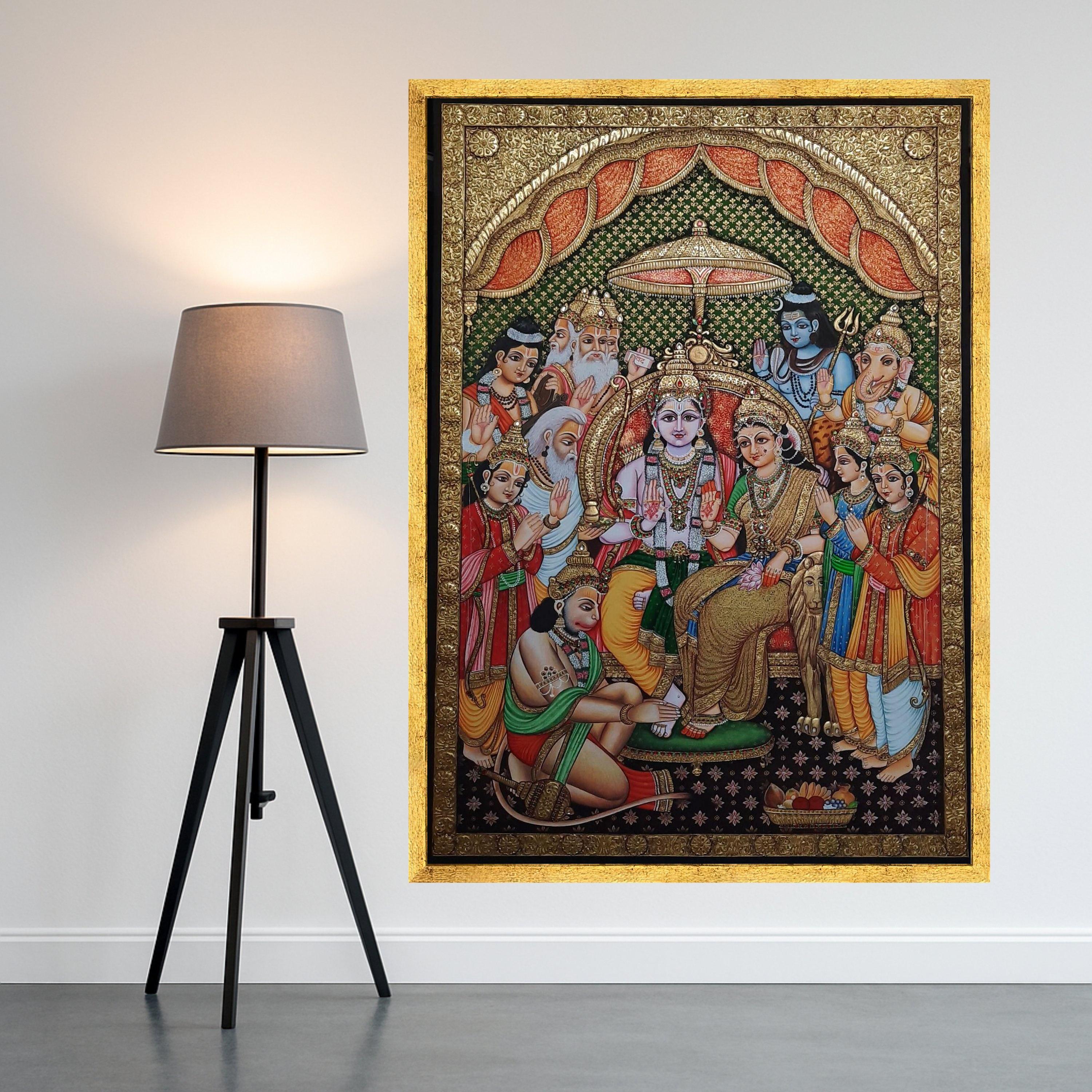 Ram Darbar Canvas Print – Hindu Wall Art of Lord Rama, Sita, Hanuman, Devotional Wall Decoration, Indian Spiritual Wall Decor, Ready to Hang
