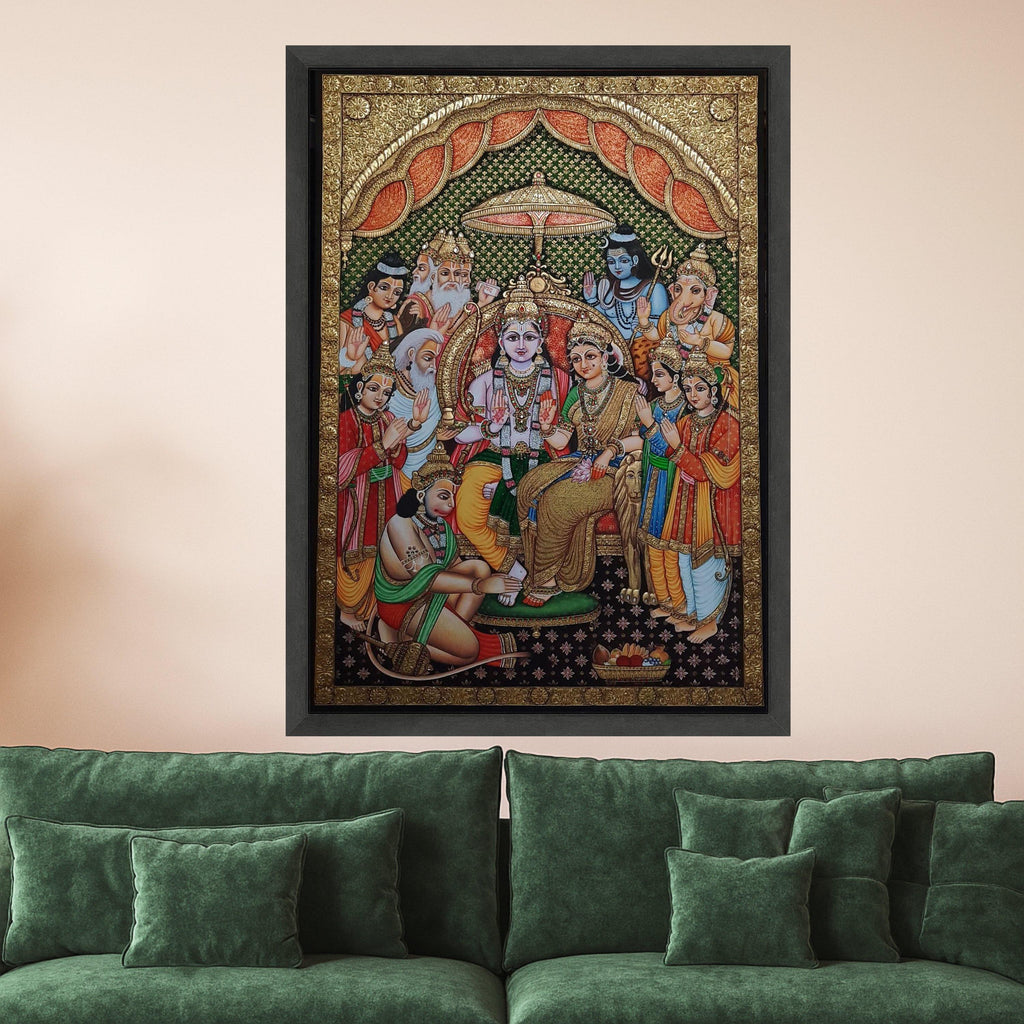 Ram Darbar Canvas Print – Hindu Wall Art of Lord Rama, Sita, Hanuman, Devotional Wall Decoration, Indian Spiritual Wall Decor, Ready to Hang