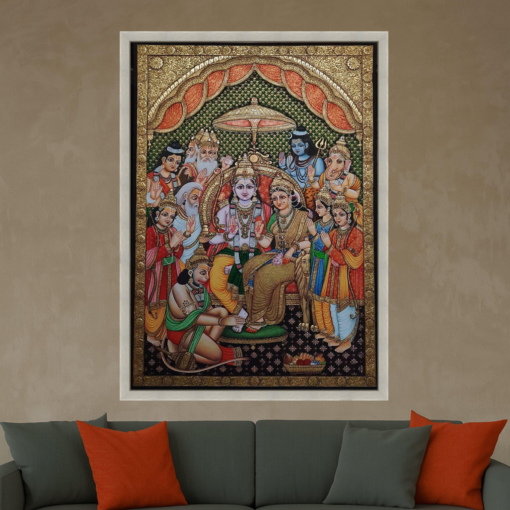 Ram Darbar Canvas Print – Hindu Wall Art of Lord Rama, Sita, Hanuman, Devotional Wall Decoration, Indian Spiritual Wall Decor, Ready to Hang