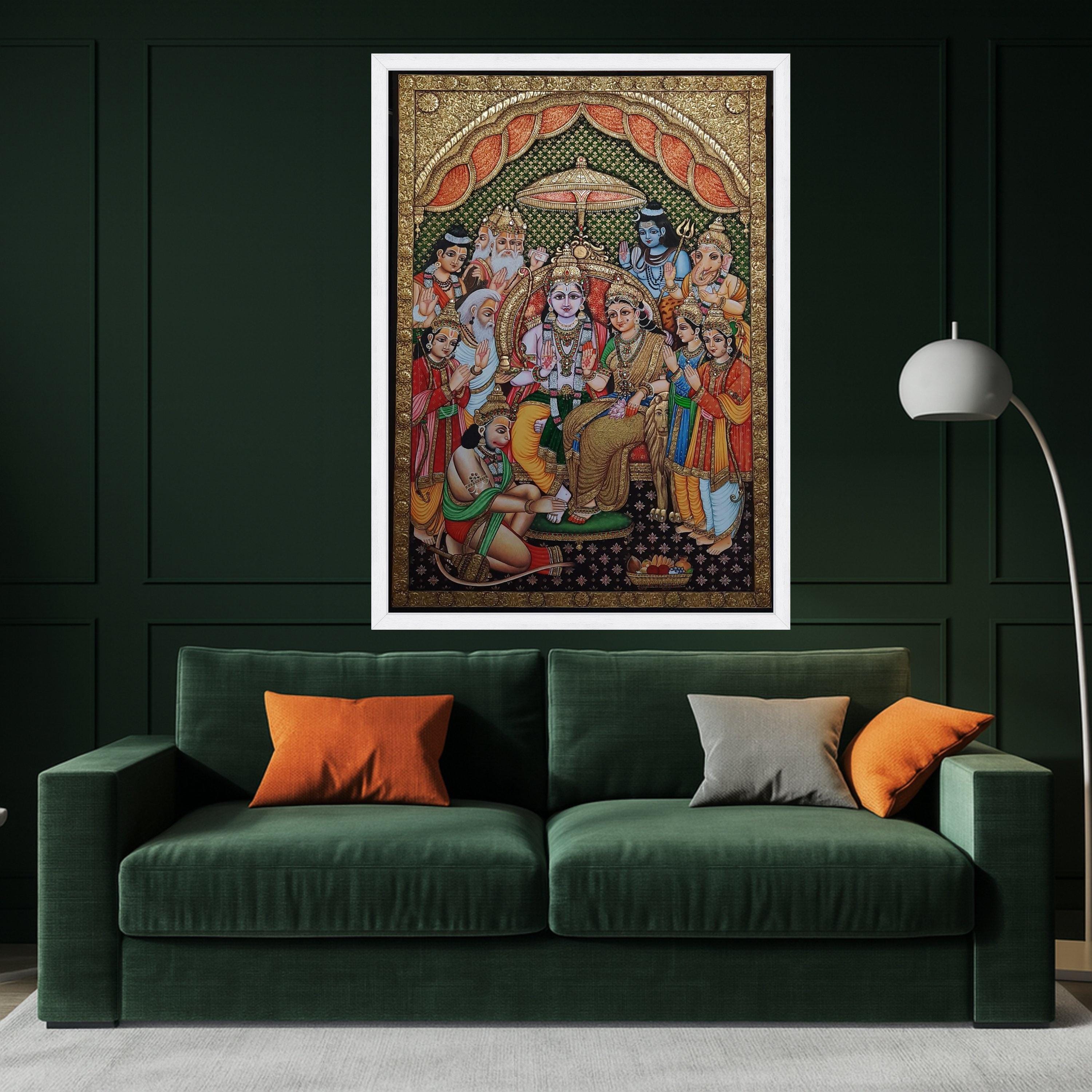 Ram Darbar Canvas Print – Hindu Wall Art of Lord Rama, Sita, Hanuman, Devotional Wall Decoration, Indian Spiritual Wall Decor, Ready to Hang