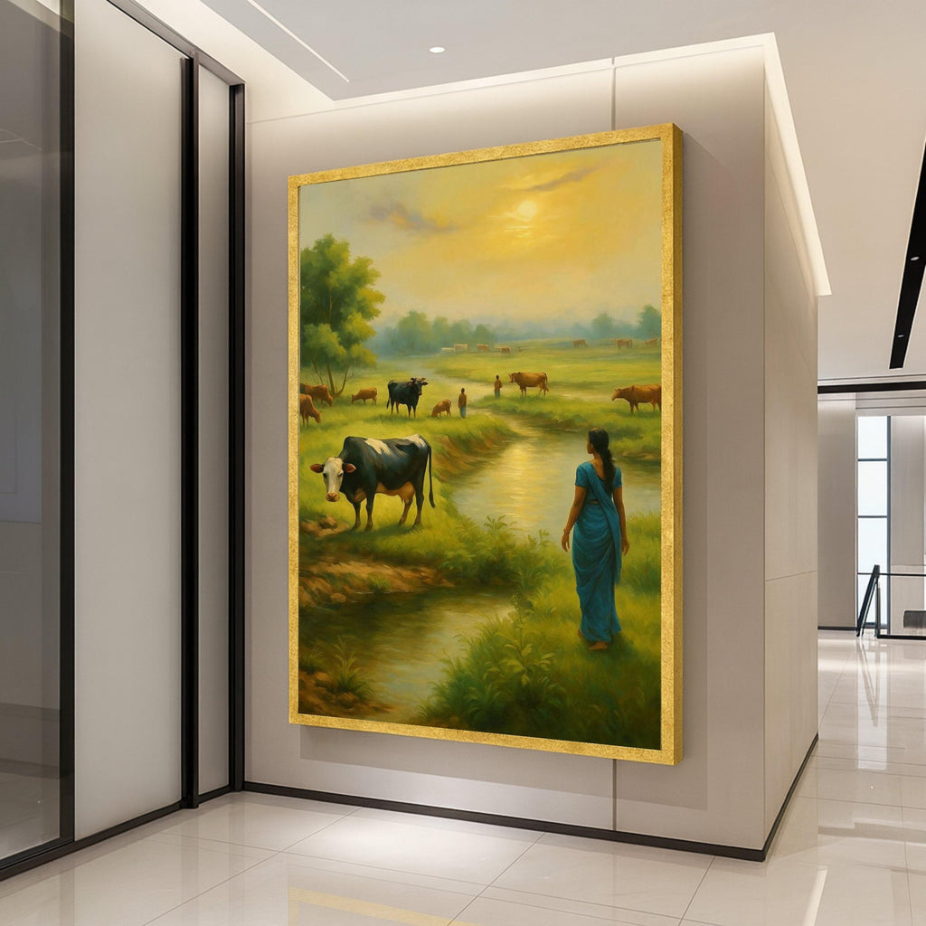 Indian Village Canvas Print – Rural Landscape Wall Art with Woman and Cows, Cultural Wall Decoration, Ready to Hang Wall Decor