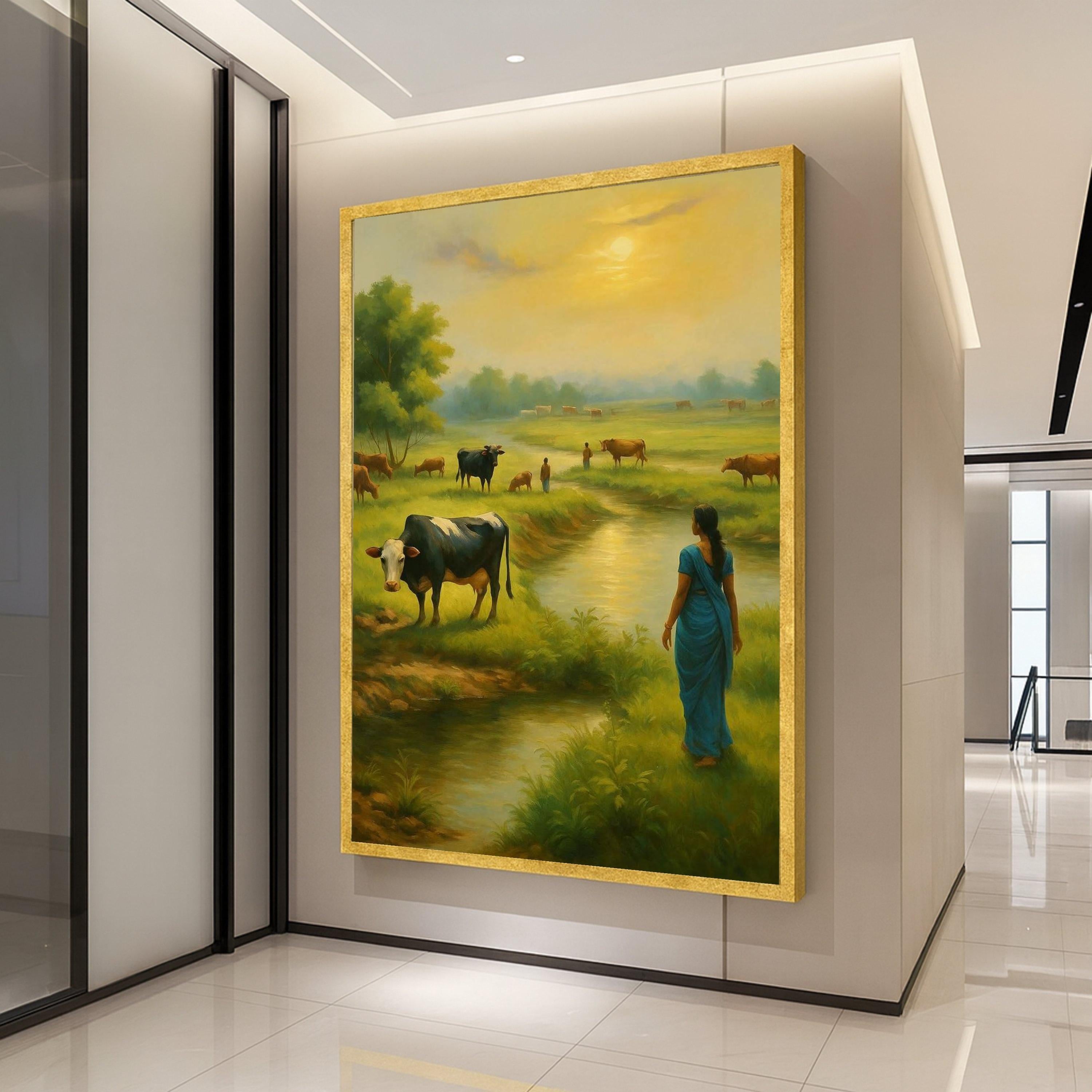 Indian Village Canvas Print – Rural Landscape Wall Art with Woman and Cows, Cultural Wall Decoration, Ready to Hang Wall Decor