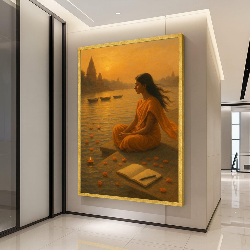 Meditation Canvas Print – Indian Spiritual Wall Art with River and Diyas, Peaceful Wall Decoration, Ready to Hang Sacred Wall Decor