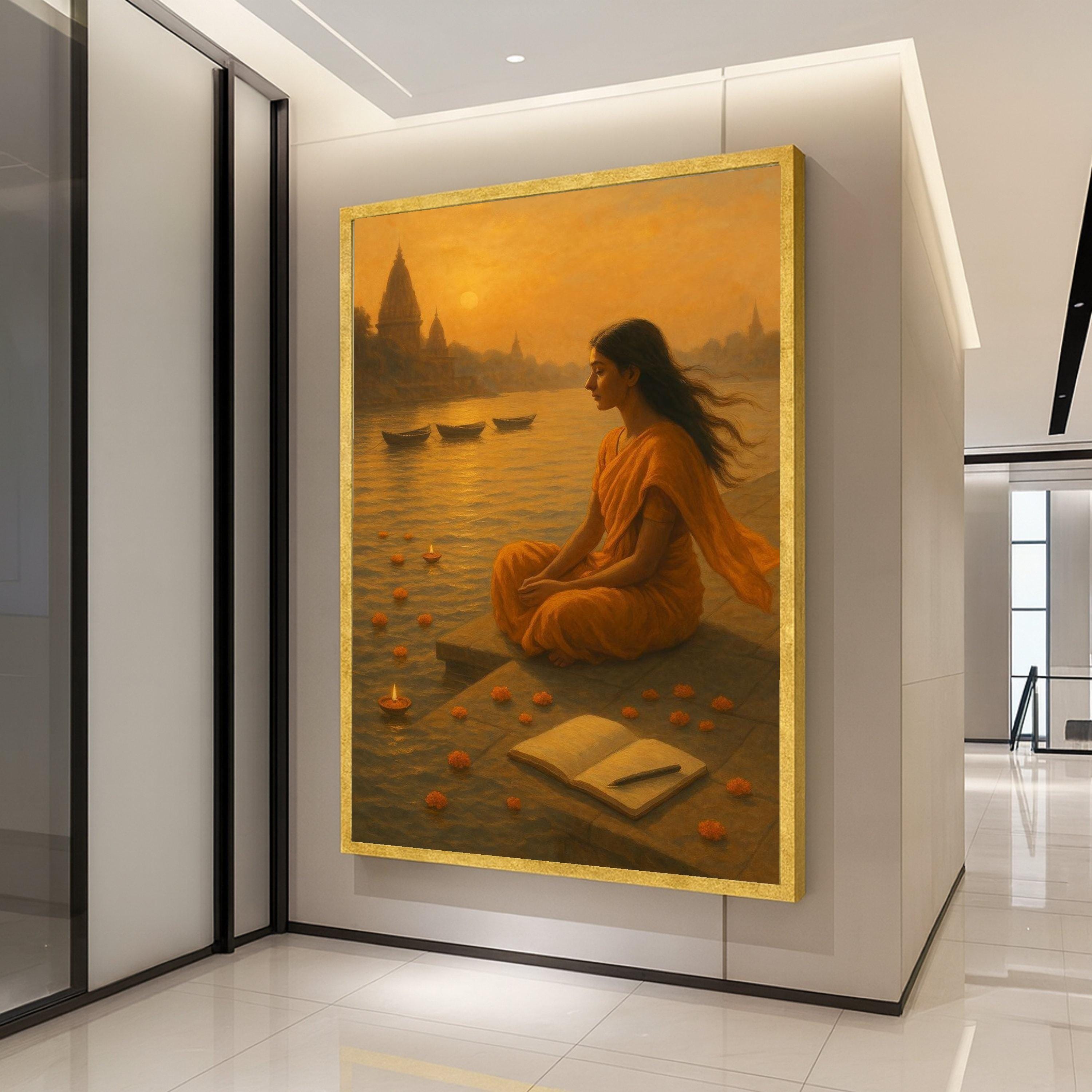 Meditation Canvas Print – Indian Spiritual Wall Art with River and Diyas, Peaceful Wall Decoration, Ready to Hang Sacred Wall Decor