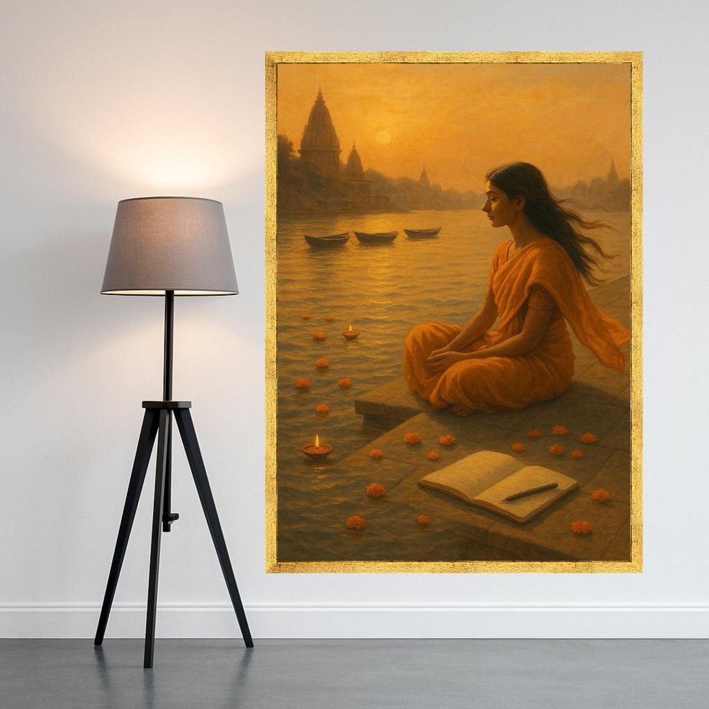 Meditation Canvas Print – Indian Spiritual Wall Art with River and Diyas, Peaceful Wall Decoration, Ready to Hang Sacred Wall Decor