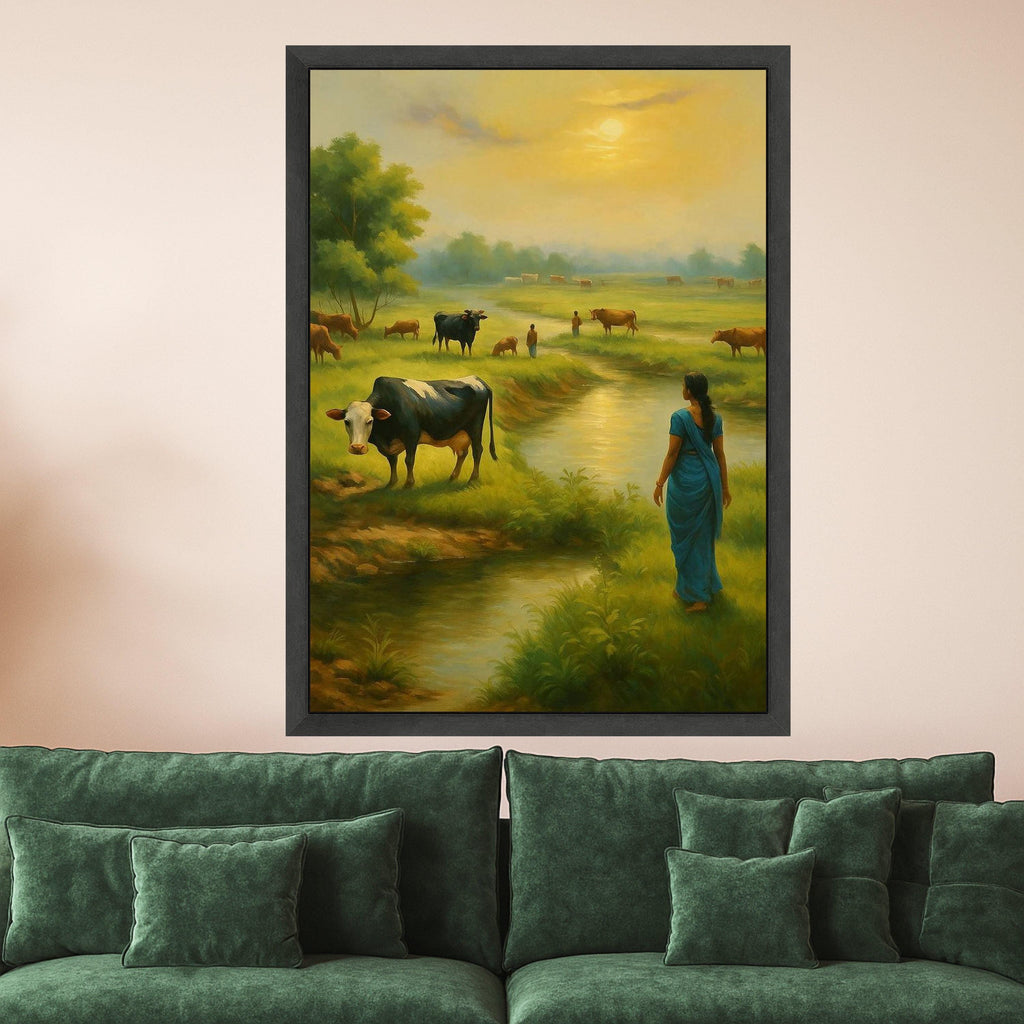 Indian Village Canvas Print – Rural Landscape Wall Art with Woman and Cows, Cultural Wall Decoration, Ready to Hang Wall Decor