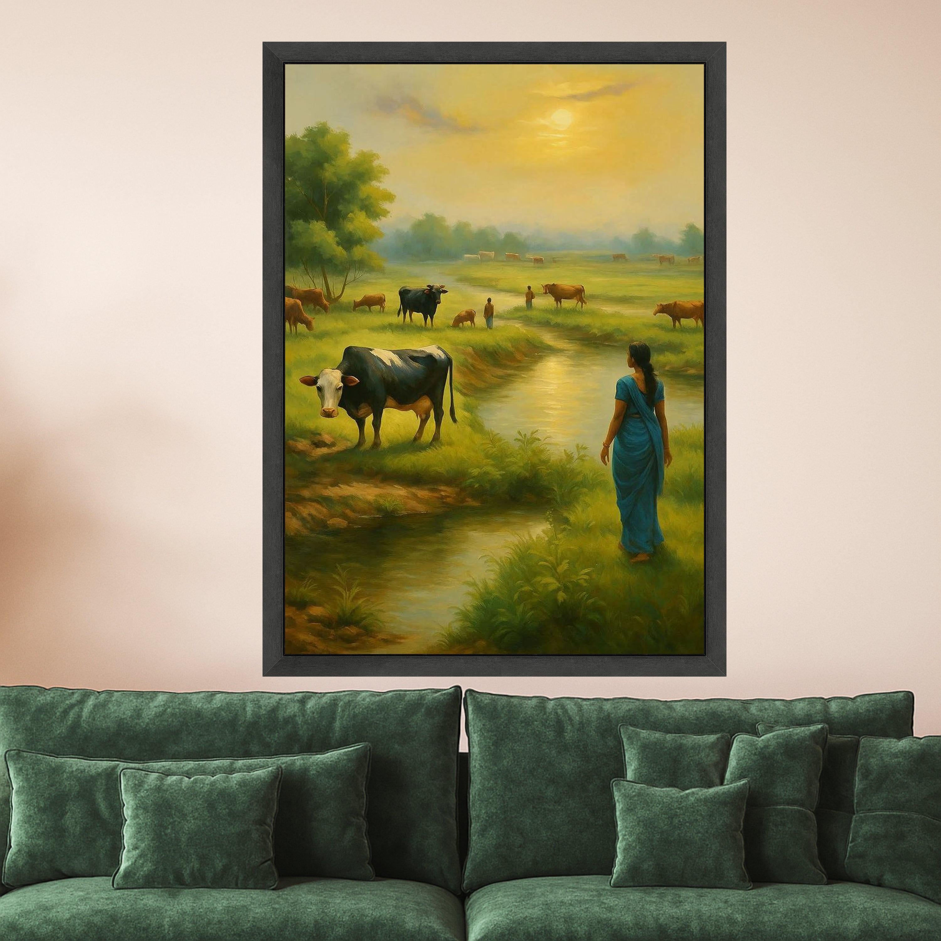 Indian Village Canvas Print – Rural Landscape Wall Art with Woman and Cows, Cultural Wall Decoration, Ready to Hang Wall Decor