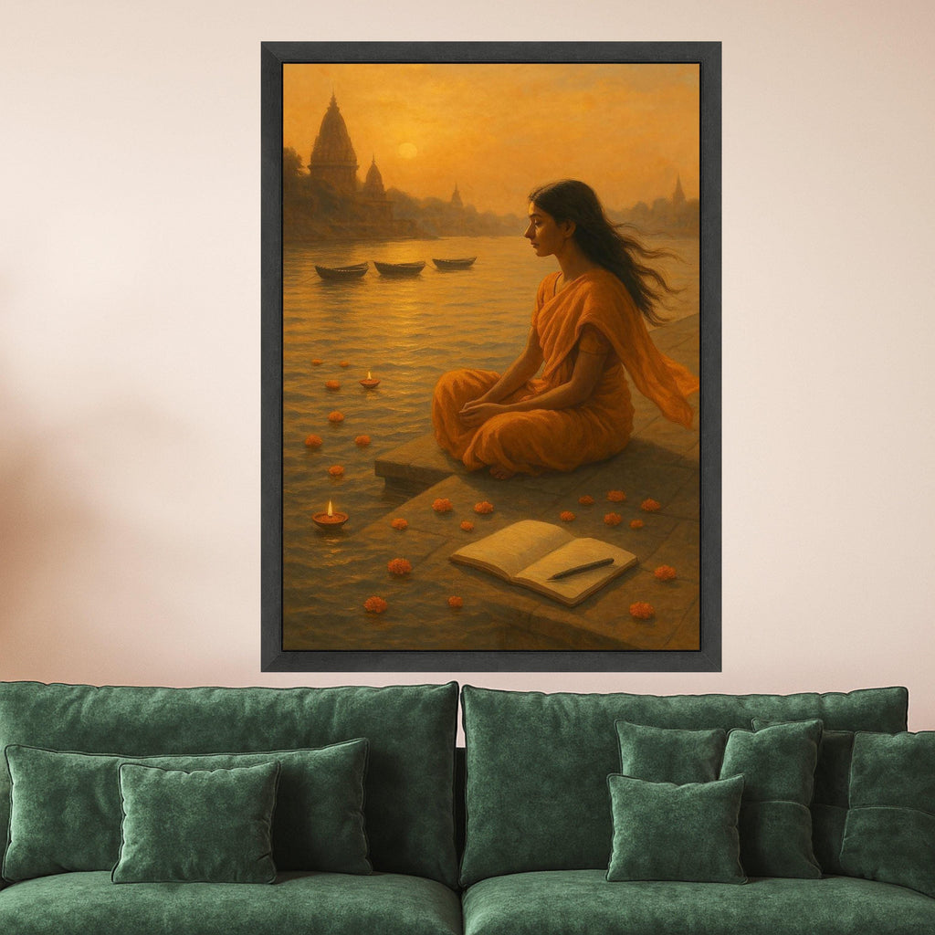 Meditation Canvas Print – Indian Spiritual Wall Art with River and Diyas, Peaceful Wall Decoration, Ready to Hang Sacred Wall Decor