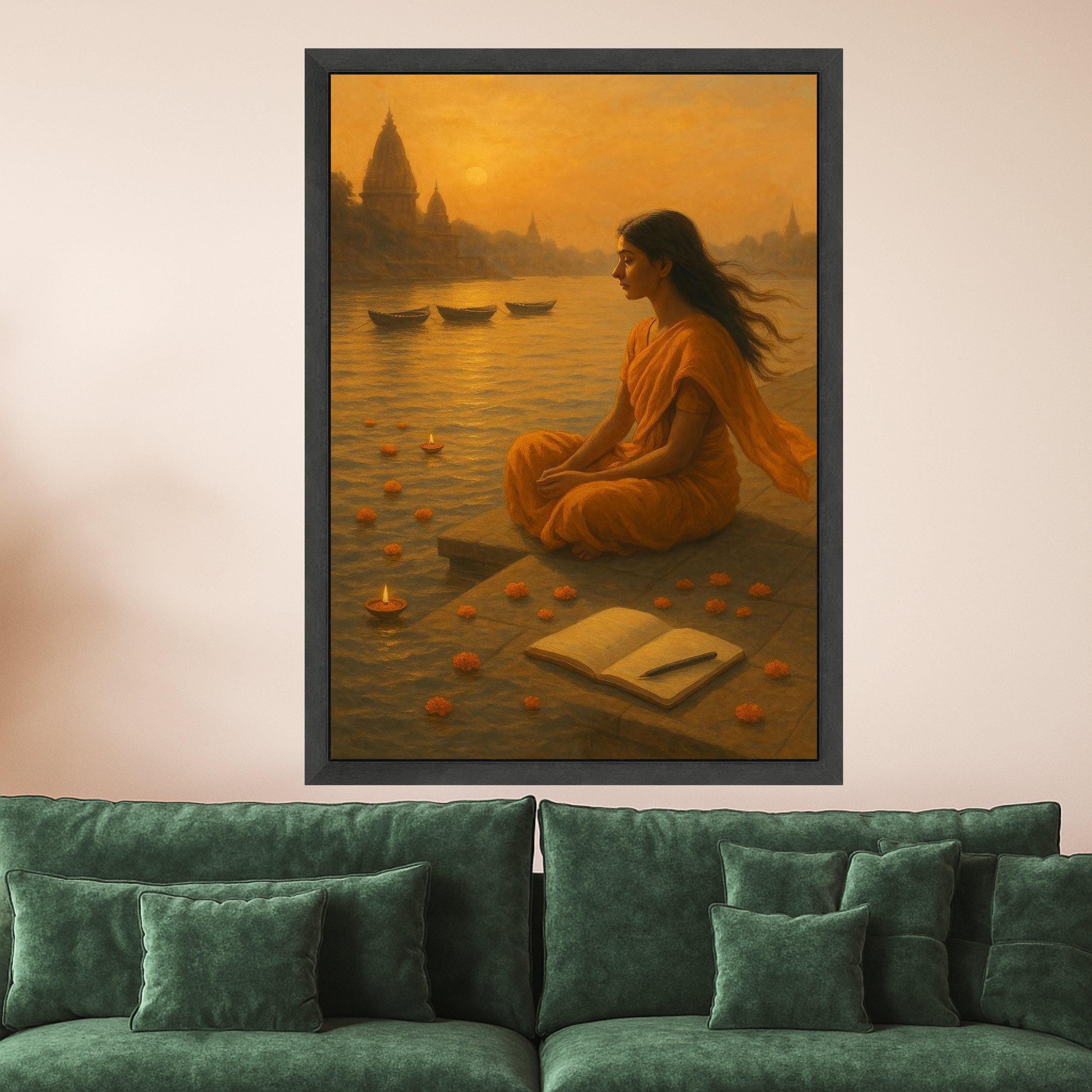 Meditation Canvas Print – Indian Spiritual Wall Art with River and Diyas, Peaceful Wall Decoration, Ready to Hang Sacred Wall Decor