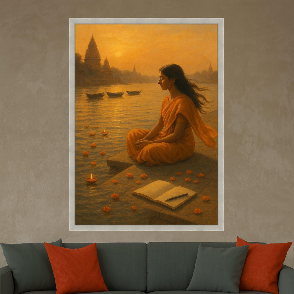 Meditation Canvas Print – Indian Spiritual Wall Art with River and Diyas, Peaceful Wall Decoration, Ready to Hang Sacred Wall Decor