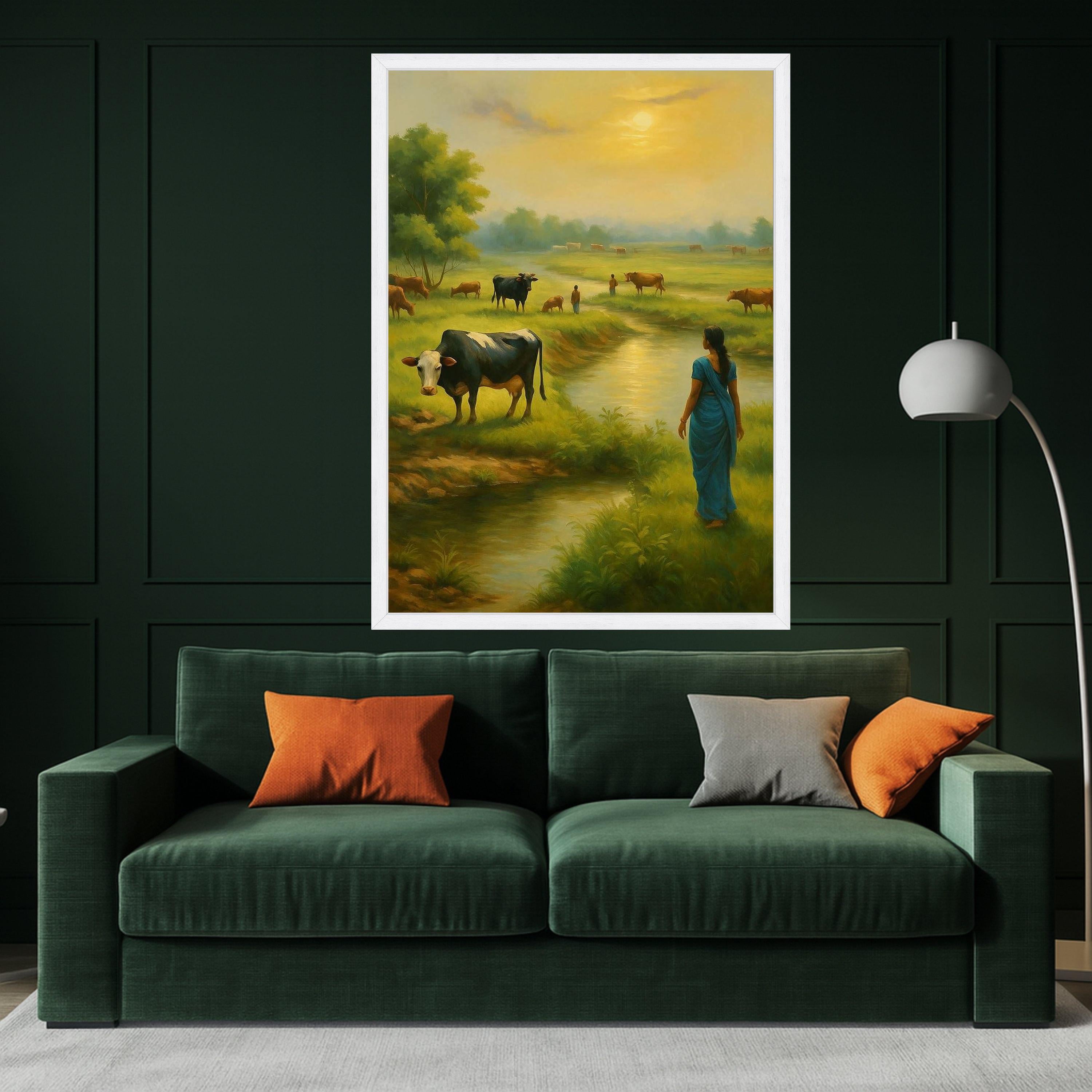 Indian Village Canvas Print – Rural Landscape Wall Art with Woman and Cows, Cultural Wall Decoration, Ready to Hang Wall Decor