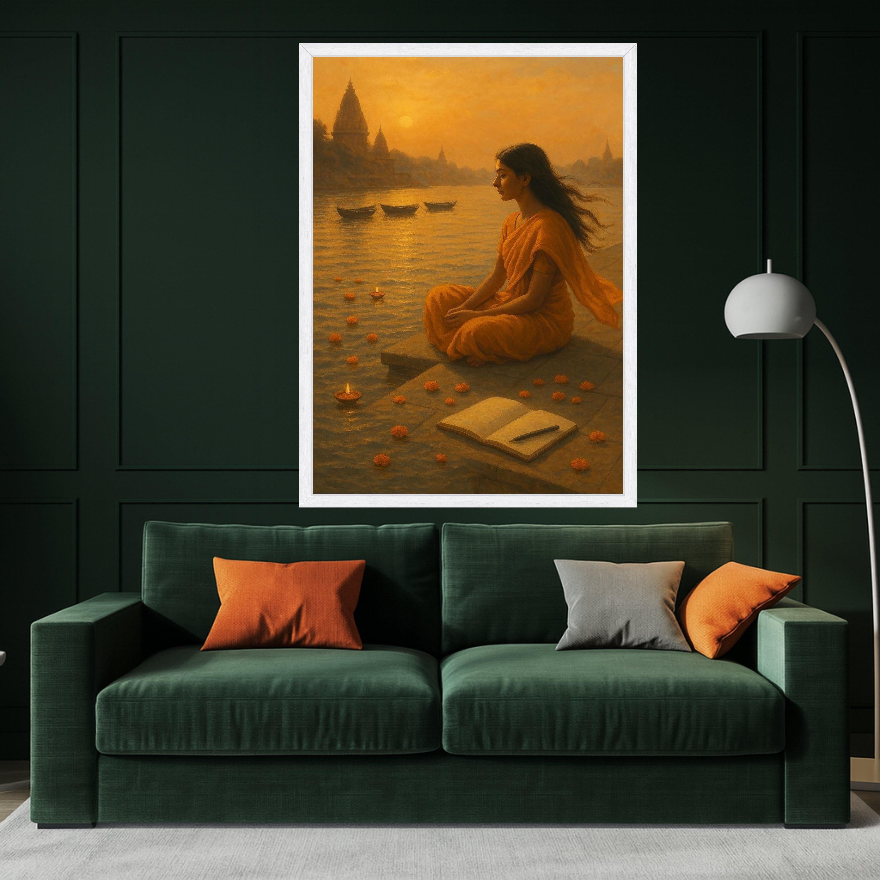 Meditation Canvas Print – Indian Spiritual Wall Art with River and Diyas, Peaceful Wall Decoration, Ready to Hang Sacred Wall Decor