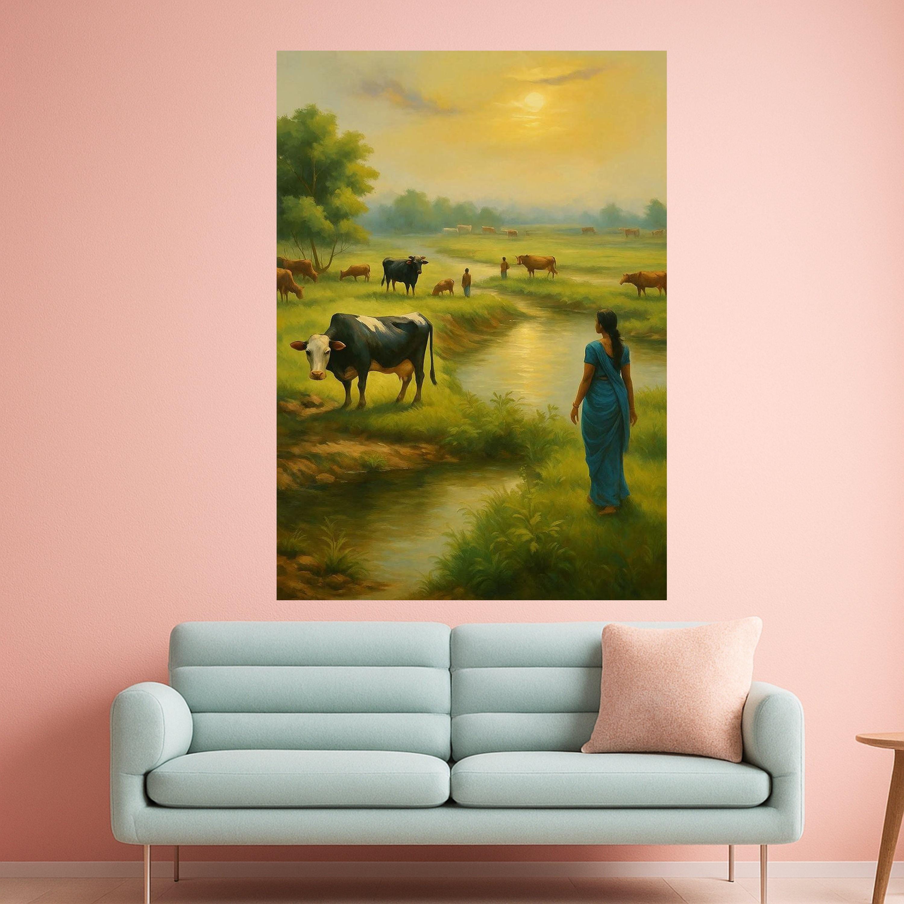 Indian Village Canvas Print – Rural Landscape Wall Art with Woman and Cows, Cultural Wall Decoration, Ready to Hang Wall Decor