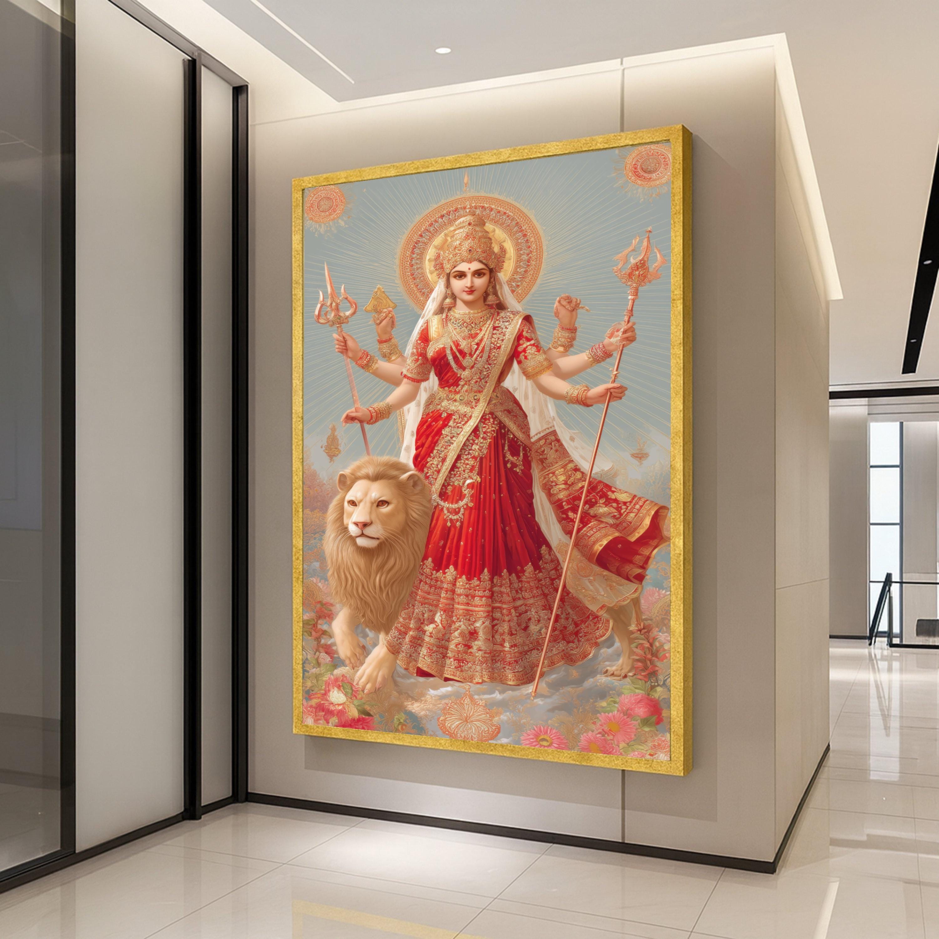 Goddess Durga Canvas Print – Hindu Wall Art with Lion, Spiritual Wall Decoration, Indian Religious Wall Decor, Ready to Hang Canvas