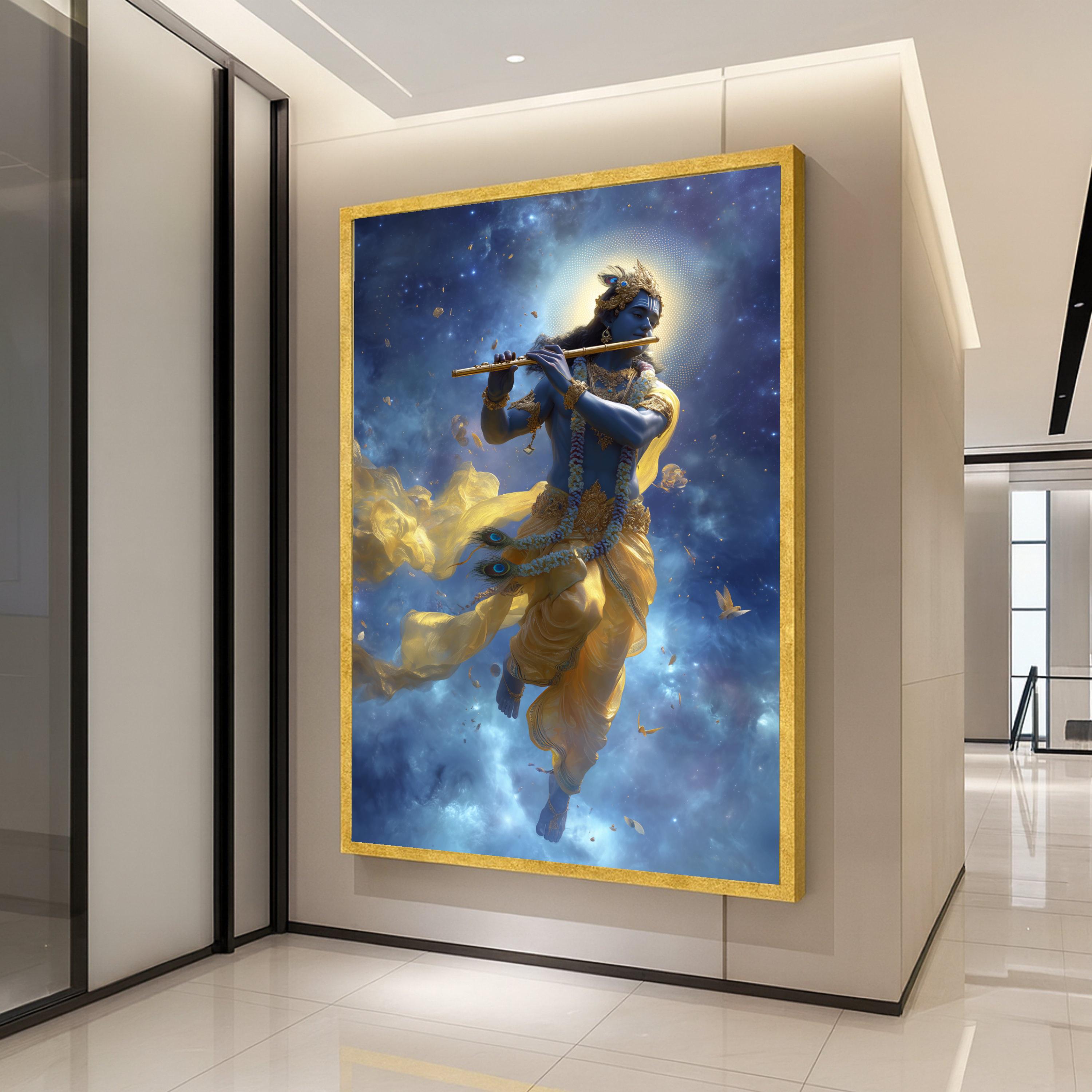 Lord Krishna Canvas Print – Hindu Wall Art with Flute, Spiritual Wall Decoration, Divine Indian Wall Decor, Ready to Hang Wall Art