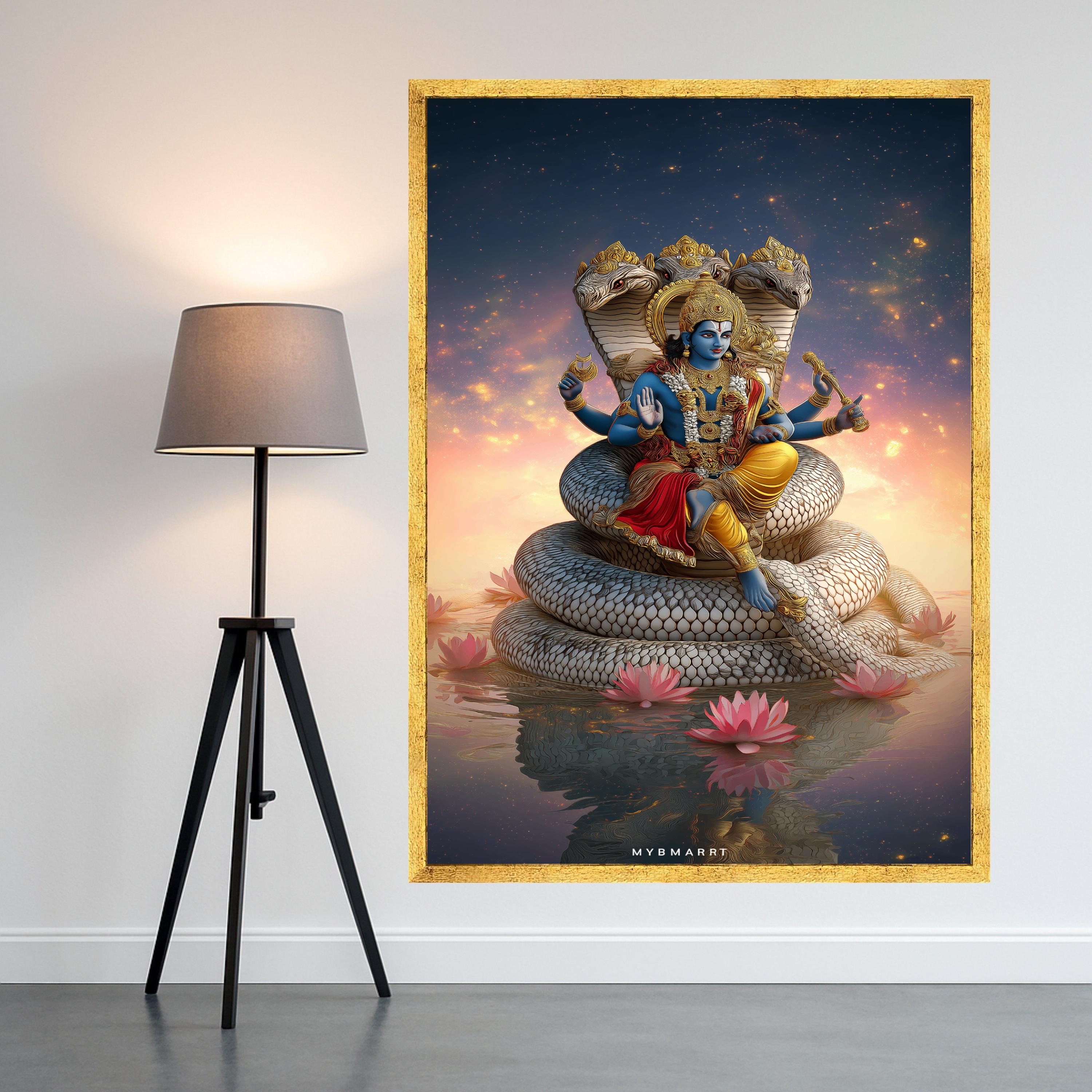 Lord Vishnu Canvas Print – Hindu Wall Art with Sheshnag, Spiritual Wall Decoration, Divine Indian Wall Decor, Ready to Hang Wall Art