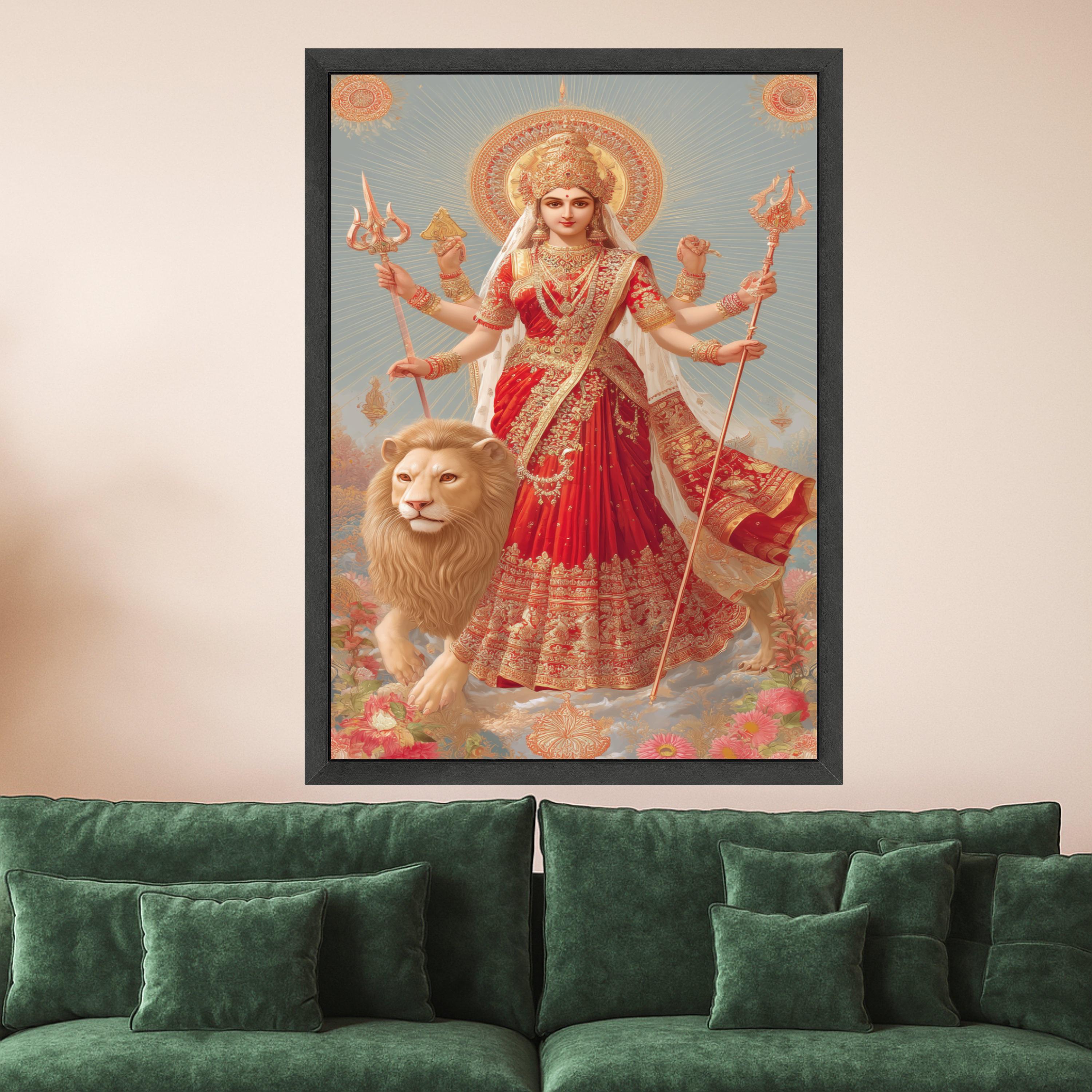 Goddess Durga Canvas Print – Hindu Wall Art with Lion, Spiritual Wall Decoration, Indian Religious Wall Decor, Ready to Hang Canvas
