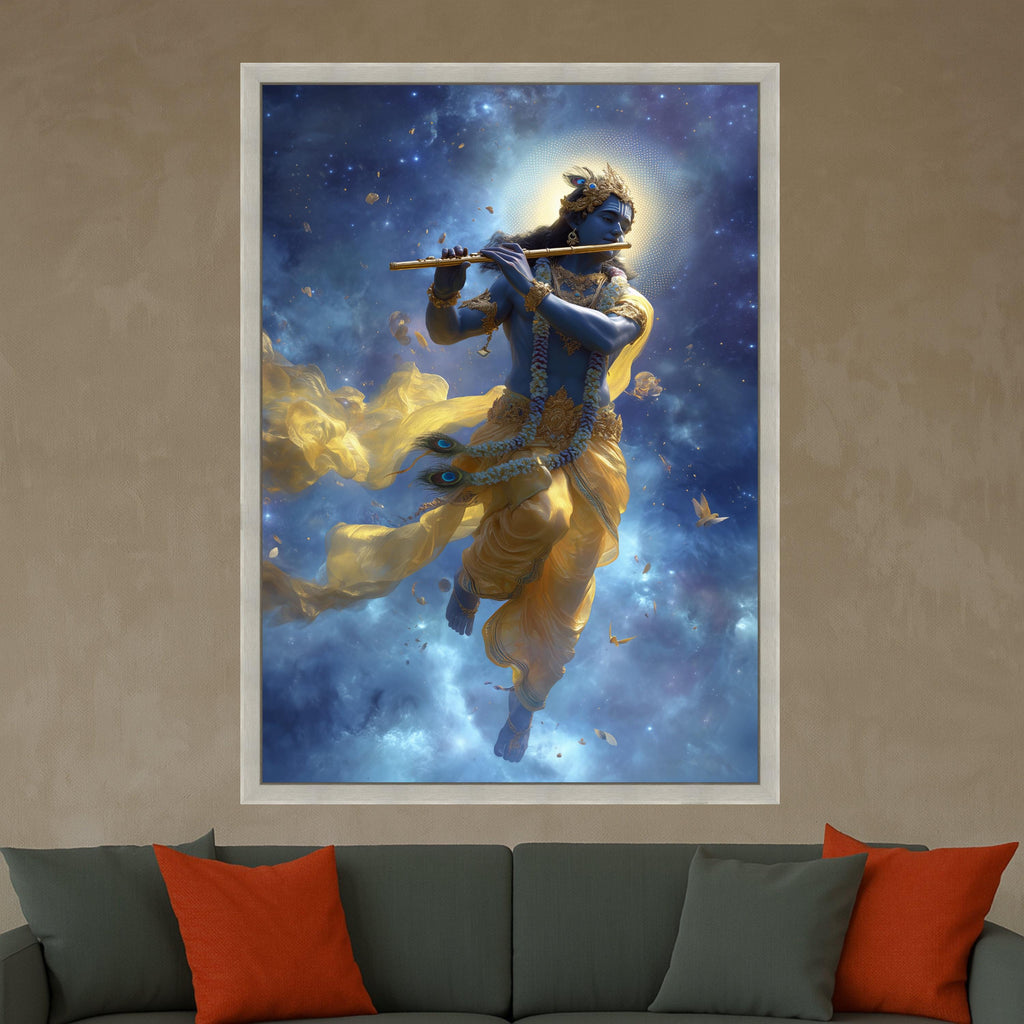 Lord Krishna Canvas Print – Hindu Wall Art with Flute, Spiritual Wall Decoration, Divine Indian Wall Decor, Ready to Hang Wall Art