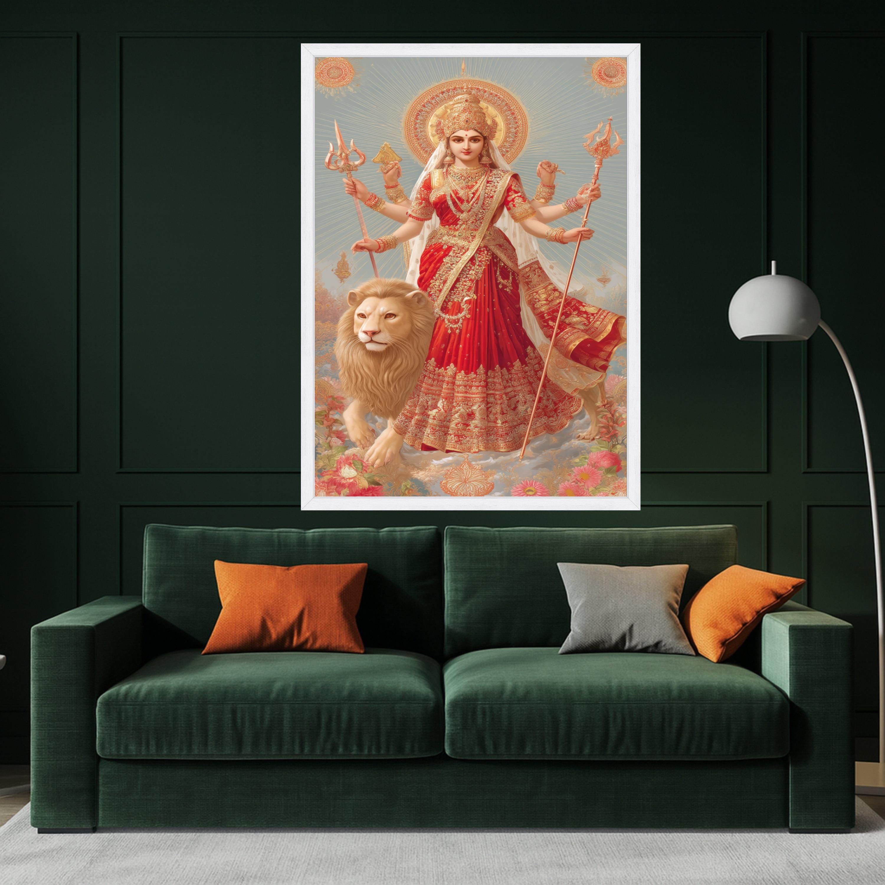 Goddess Durga Canvas Print – Hindu Wall Art with Lion, Spiritual Wall Decoration, Indian Religious Wall Decor, Ready to Hang Canvas