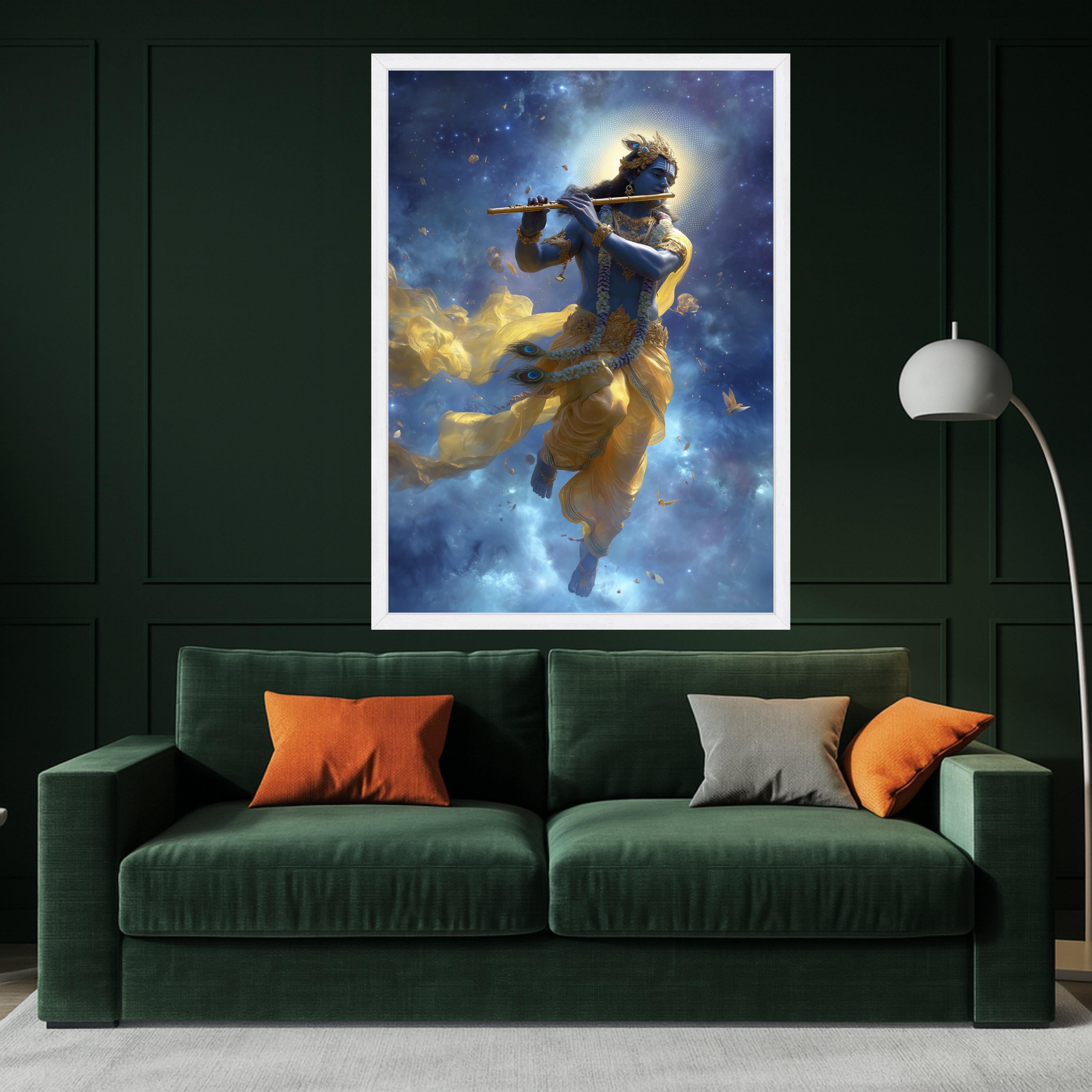 Lord Krishna Canvas Print – Hindu Wall Art with Flute, Spiritual Wall Decoration, Divine Indian Wall Decor, Ready to Hang Wall Art