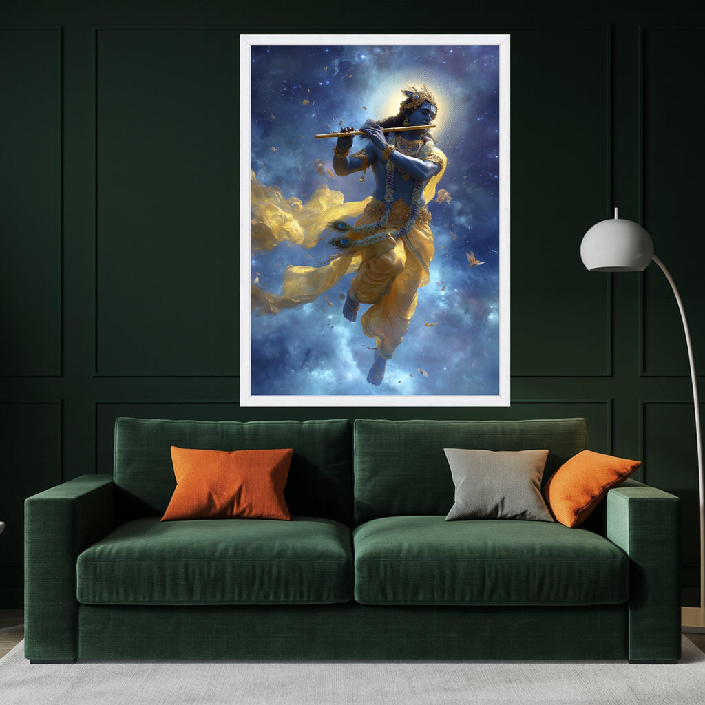 Lord Krishna Canvas Print – Hindu Wall Art with Flute, Spiritual Wall Decoration, Divine Indian Wall Decor, Ready to Hang Wall Art