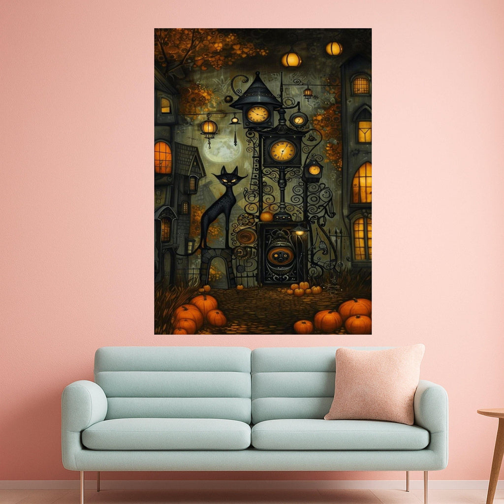 Halloween Village Canvas Print – Black Cat Wall Art, Pumpkin Wall Decor, Spooky Autumn Wall Decoration, Ready to Hang Halloween Art