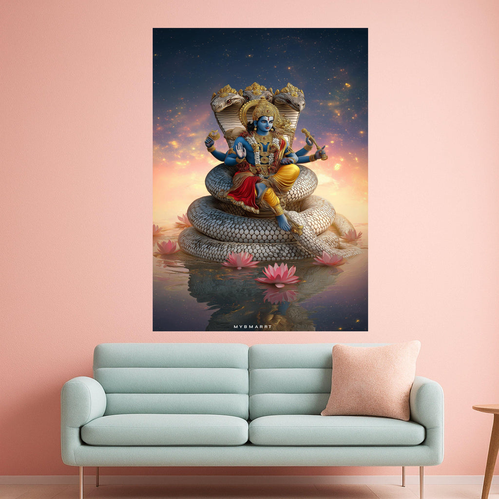 Lord Vishnu Canvas Print – Hindu Wall Art with Sheshnag, Spiritual Wall Decoration, Divine Indian Wall Decor, Ready to Hang Wall Art