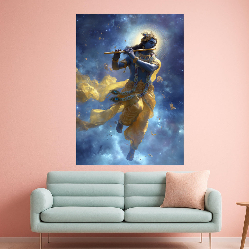 Lord Krishna Canvas Print – Hindu Wall Art with Flute, Spiritual Wall Decoration, Divine Indian Wall Decor, Ready to Hang Wall Art