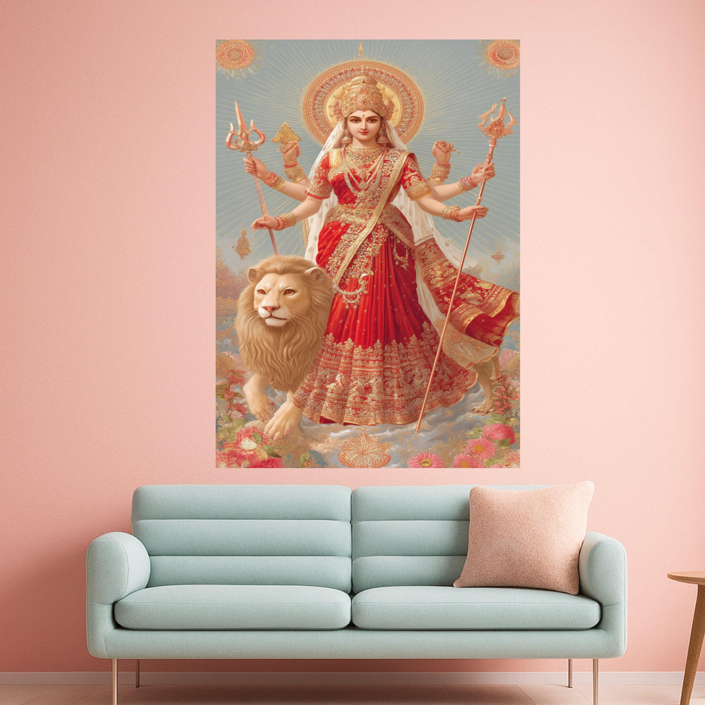 Goddess Durga Canvas Print – Hindu Wall Art with Lion, Spiritual Wall Decoration, Indian Religious Wall Decor, Ready to Hang Canvas